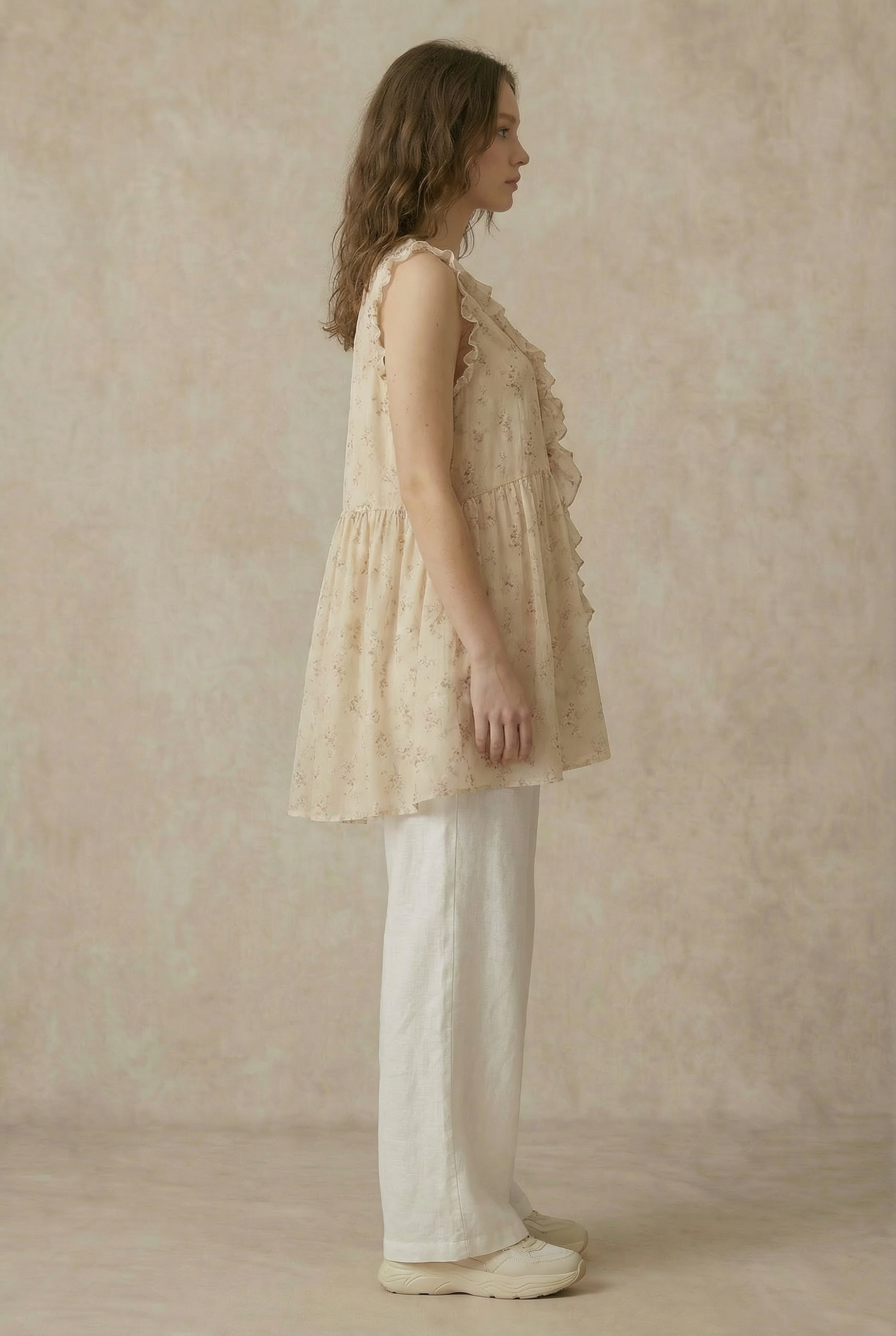 Flowy tunic side angle - versatile elegant design perfect for pairing with pants, jeans or leggings
