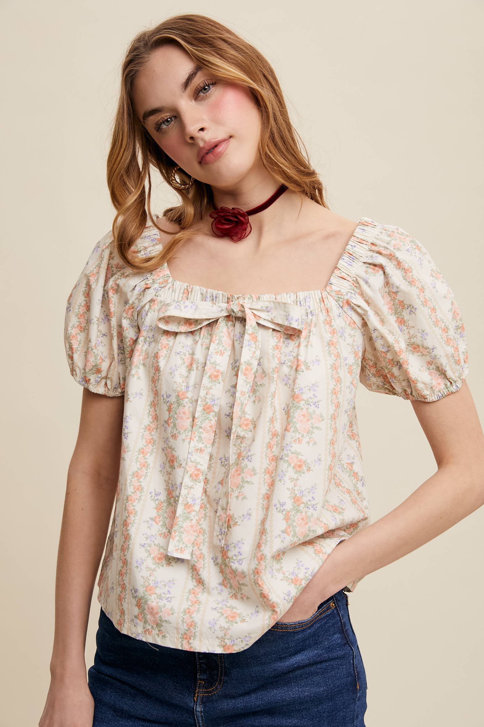 Pink Flower Floral Puff Sleeve Blouse