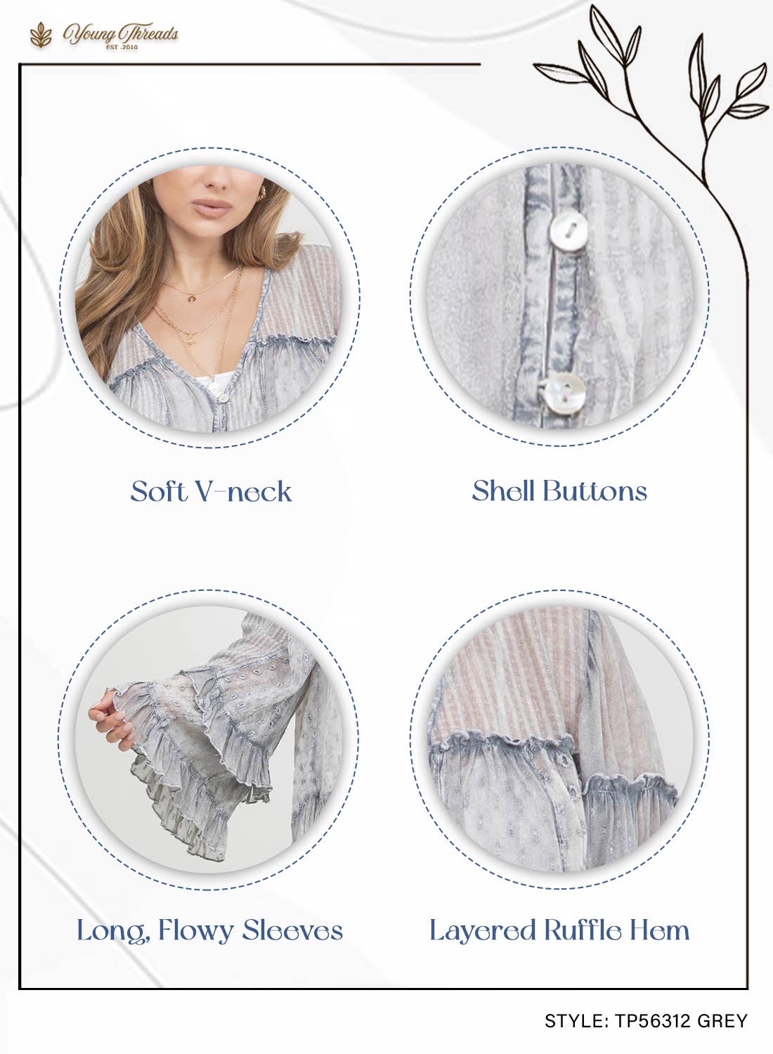 Product details of a shirt with features like soft V neck, shell buttons, long flowy sleeves, and layered ruffle hem.