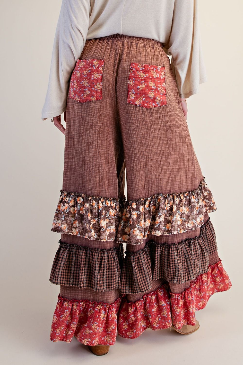 Mocha Patchwork Ruffle Pants