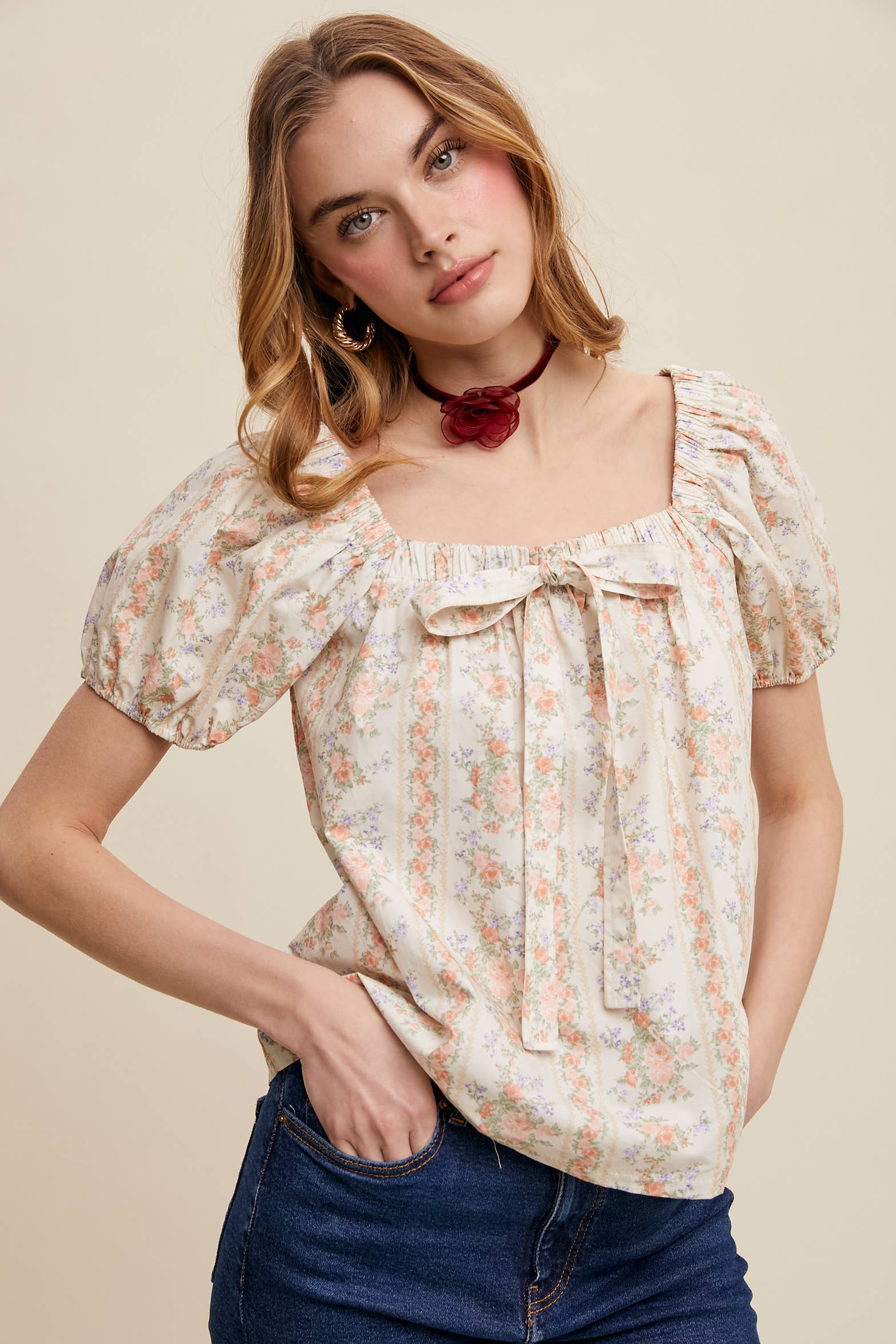 Pink Flower Floral Puff Sleeve Blouse