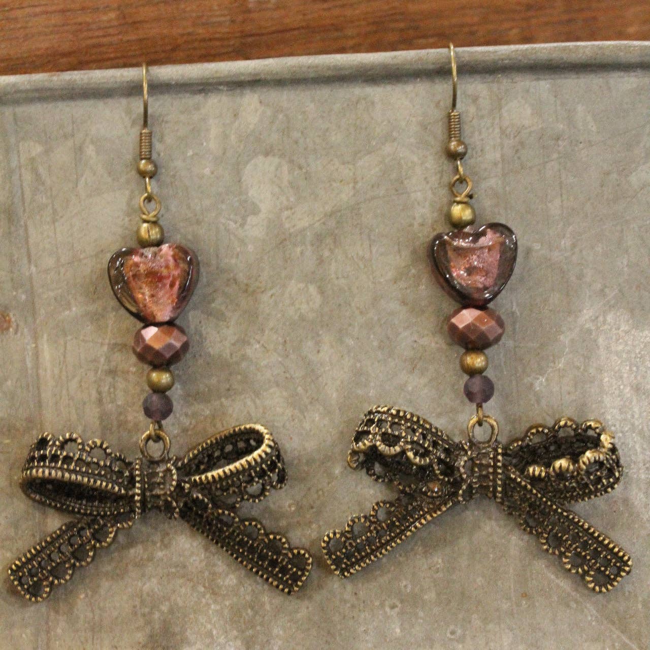 Vintage Purple Glass Bow Drop Earrings