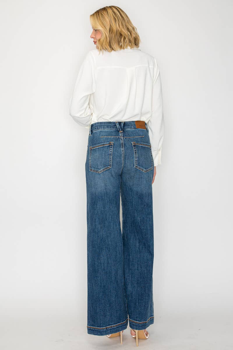Wide-leg palazzo jeans back view - back dart detailing with relaxed flowing silhouette and wide hem