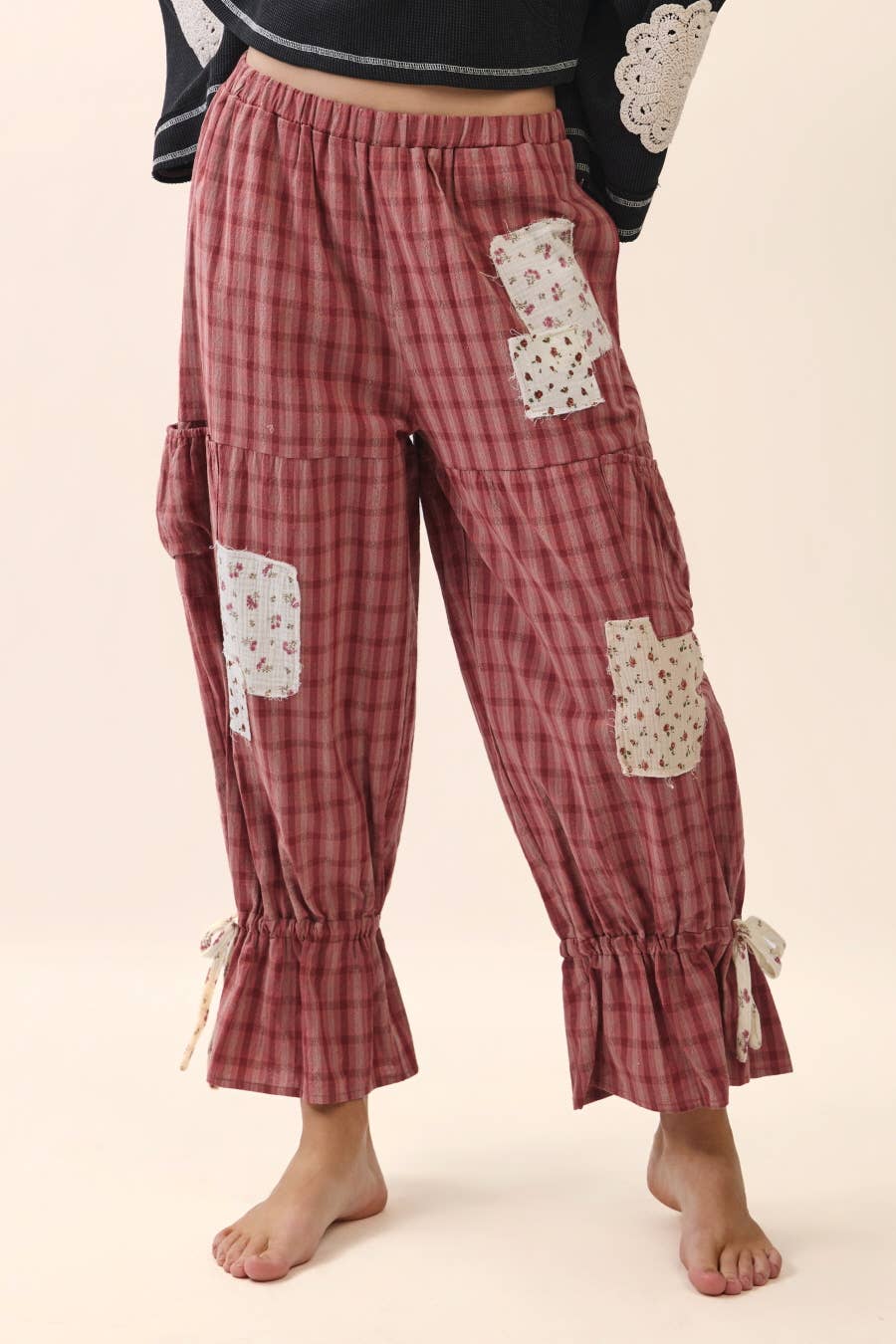 Plus size dark cherry gingham ruffle bloomer pants with floral patch pockets and tie ruffle hem detail — Spirit & Wind Boutique