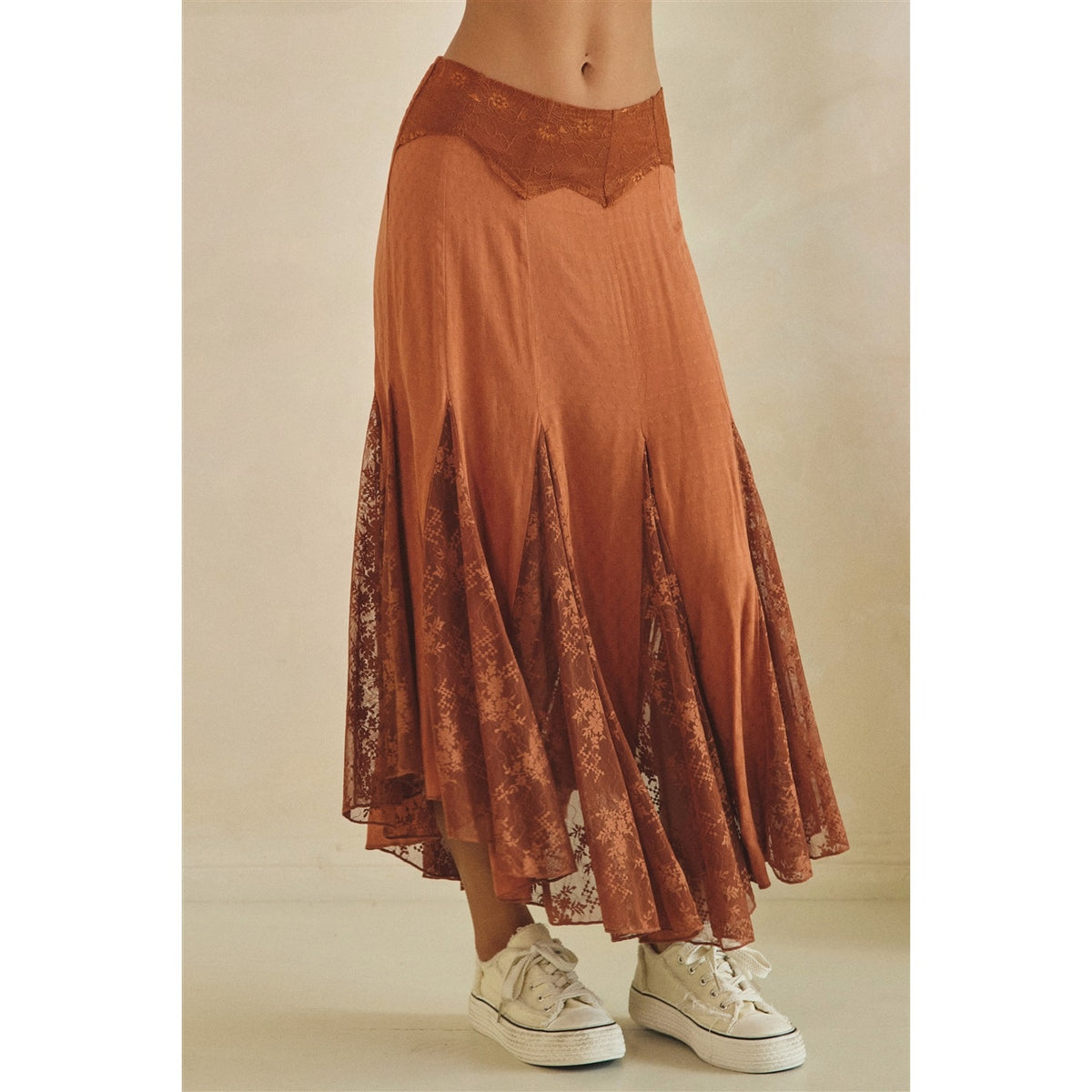 Mesh Lace Mix Skirt in Copper by Oli & Hali — front view showing smocked waistband and sheer floral lace hem panels in copper