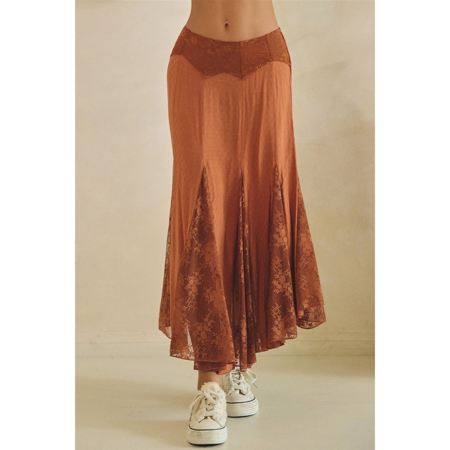 Mesh Lace Mix Skirt in Copper by Oli & Hali — front waist-down view showing lace waistband detail and flowy copper mesh skirt with sheer floral lace pane