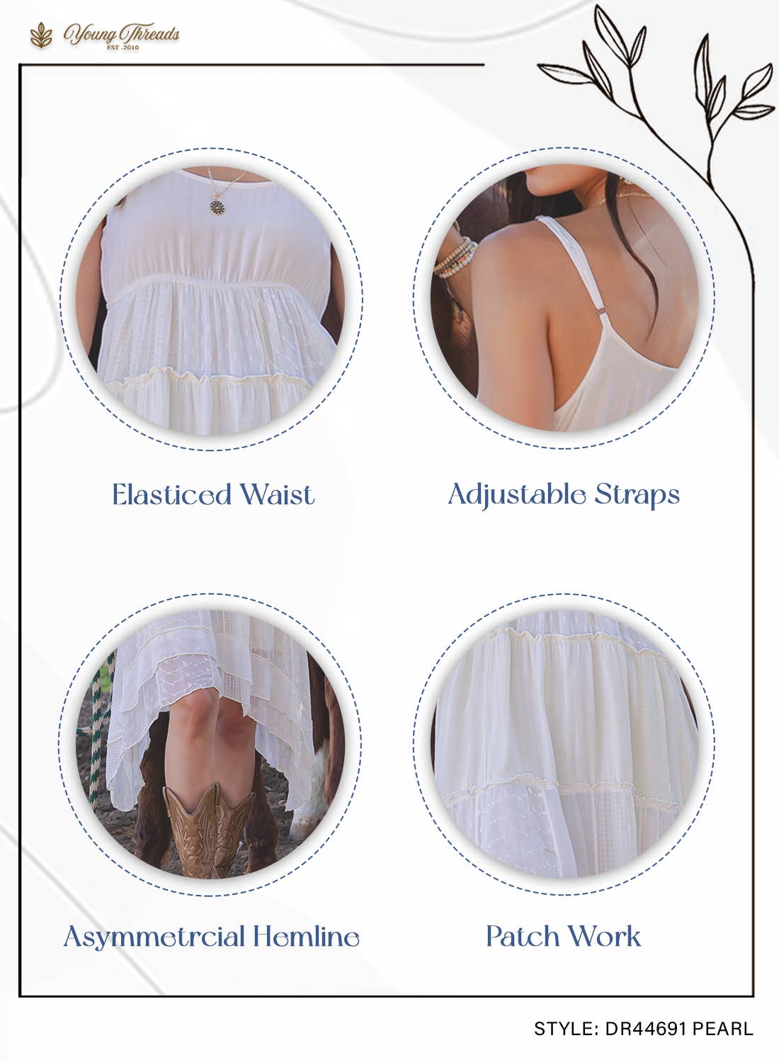 Details of the Pearl Dress with description of adjustable spaggetti straps ruffle detail patchwork and display of the midi dress