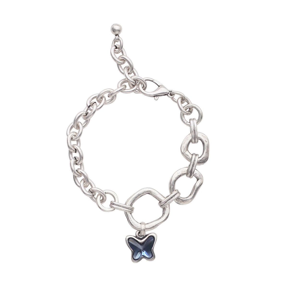 A silver-toned chain bracelet featuring a butterfly charm with a light blue inlay, displayed on a clean white background.