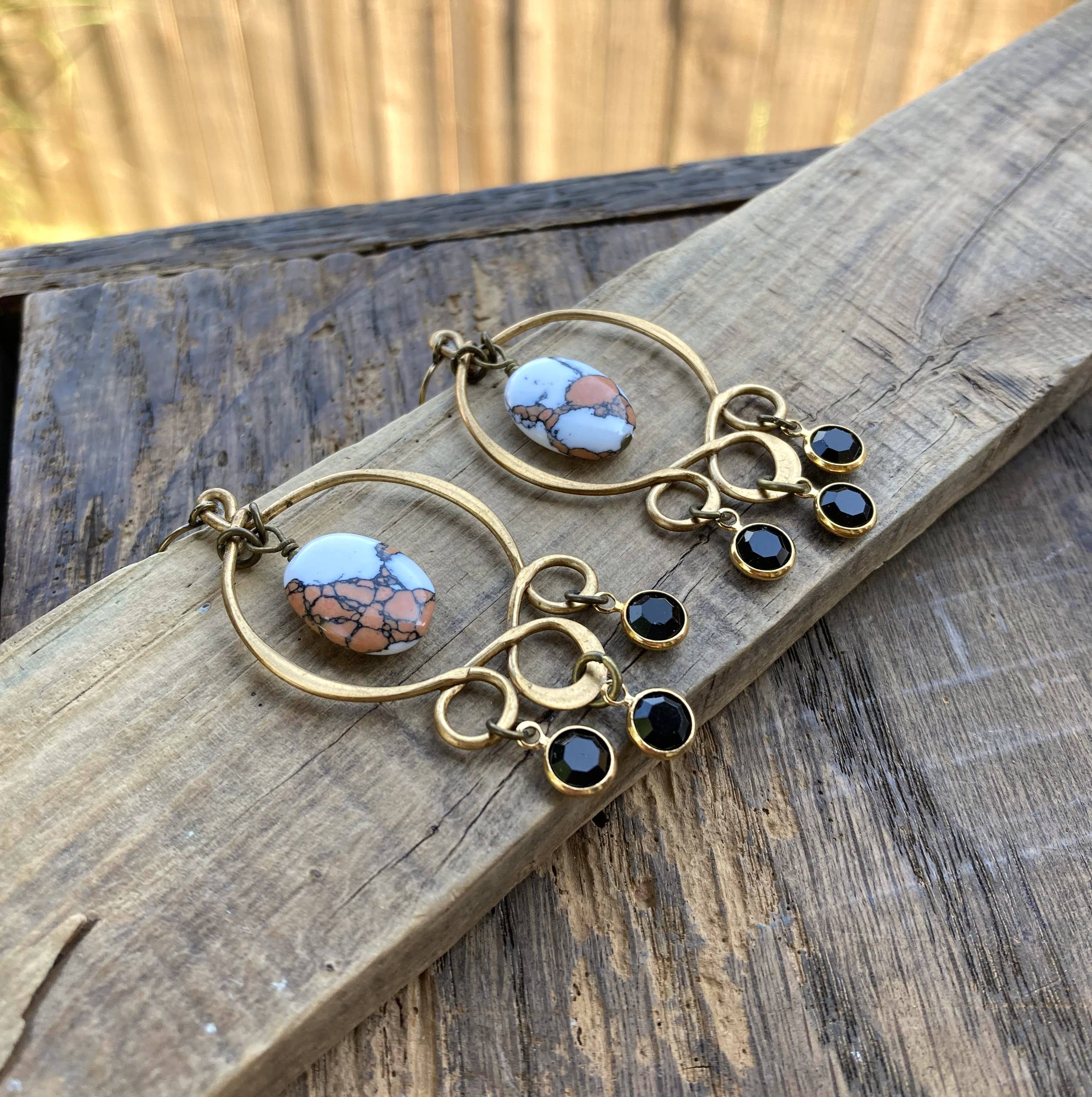 Black Orange & White Brass Boho Chandelier Earrings