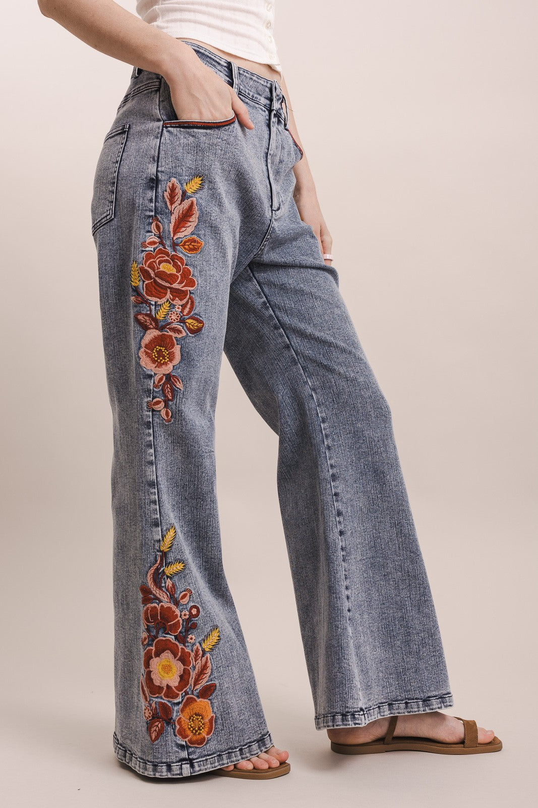 Flower Embroidery Wide Leg Pants