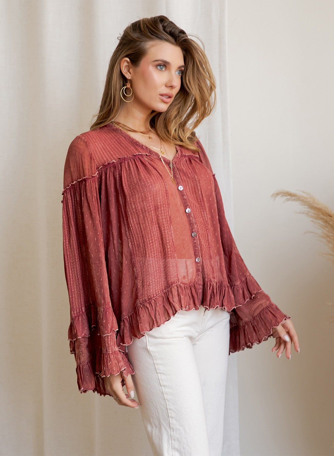 The Reverie Sheer Ruffled Blouse Garnet