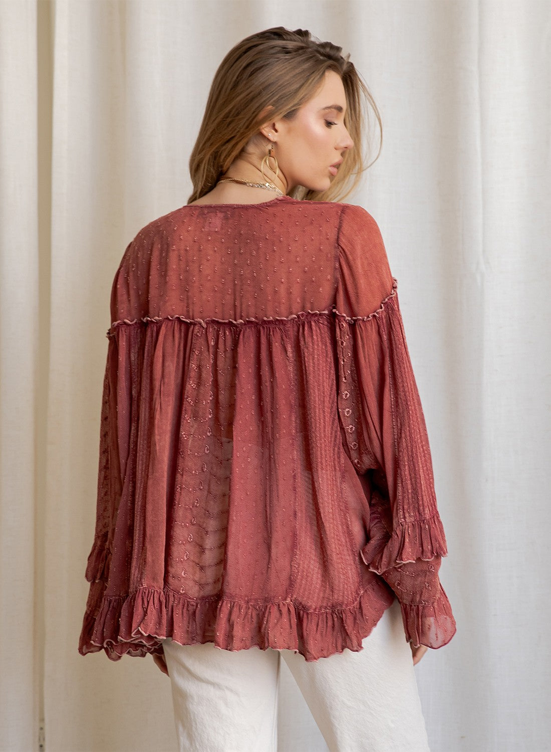 The Reverie Sheer Ruffled Blouse Garnet