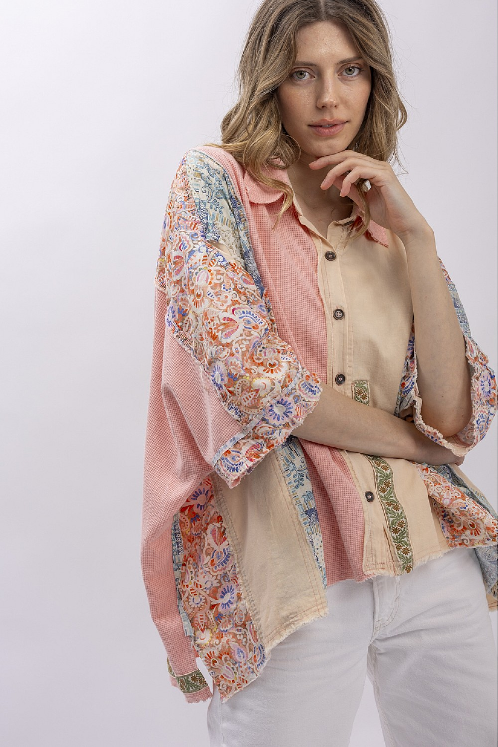 The Patchwork Garden Shirt - multi-fabric patchwork shirt with floral, gingham, and solid panels, front view