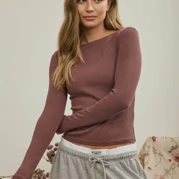 Fitted Ribbed Boat Neck Top
