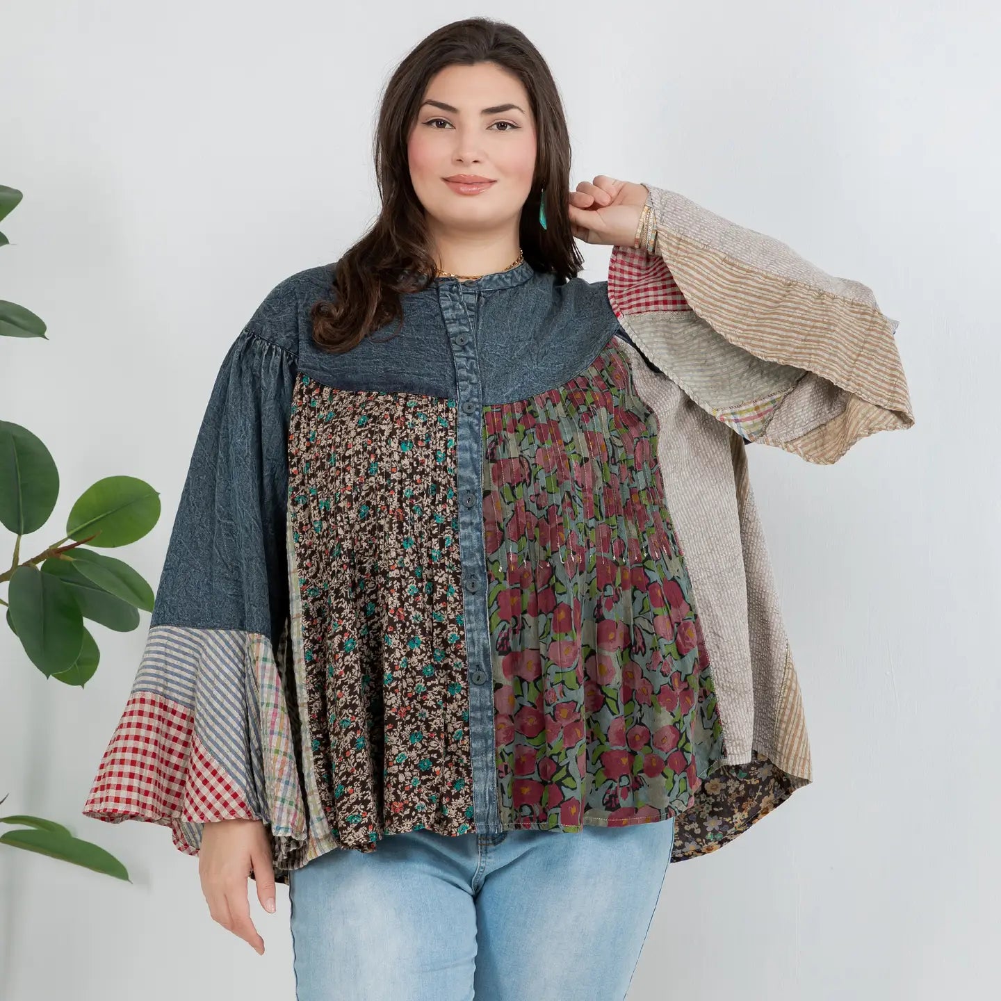 Pintucked Patchwork Bell Sleeves Plus