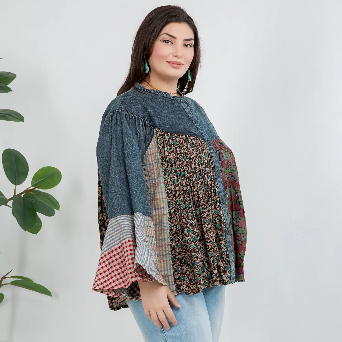 Pintucked Patchwork Bell Sleeves Plus