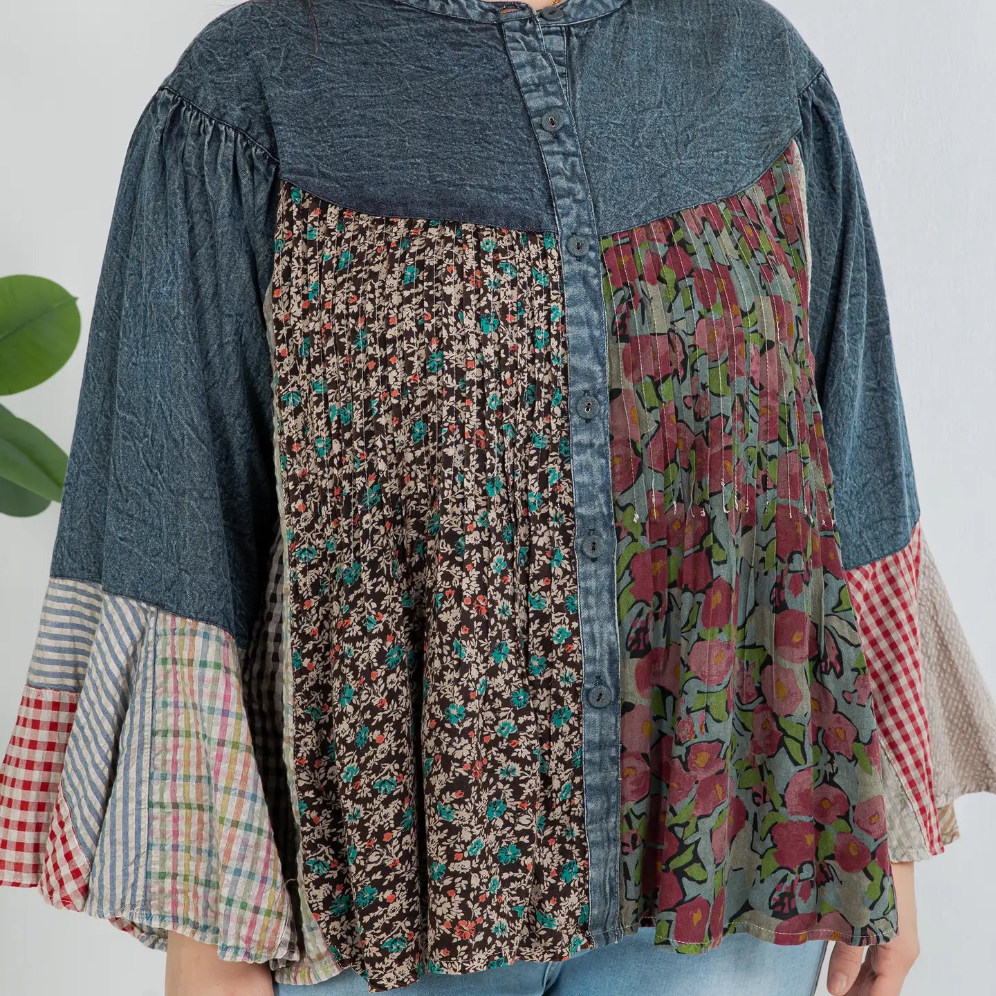 Pintucked Patchwork Bell Sleeves Plus