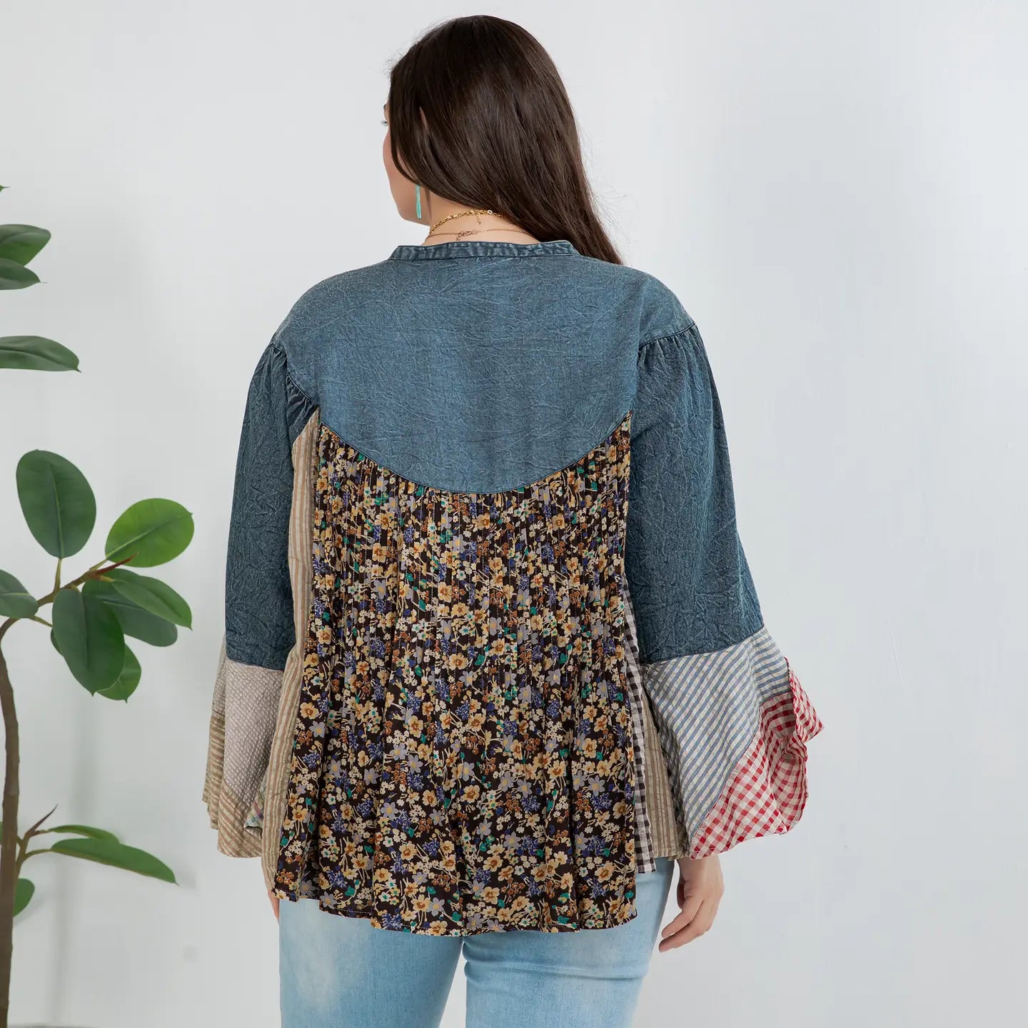 Pintucked Patchwork Bell Sleeves Plus