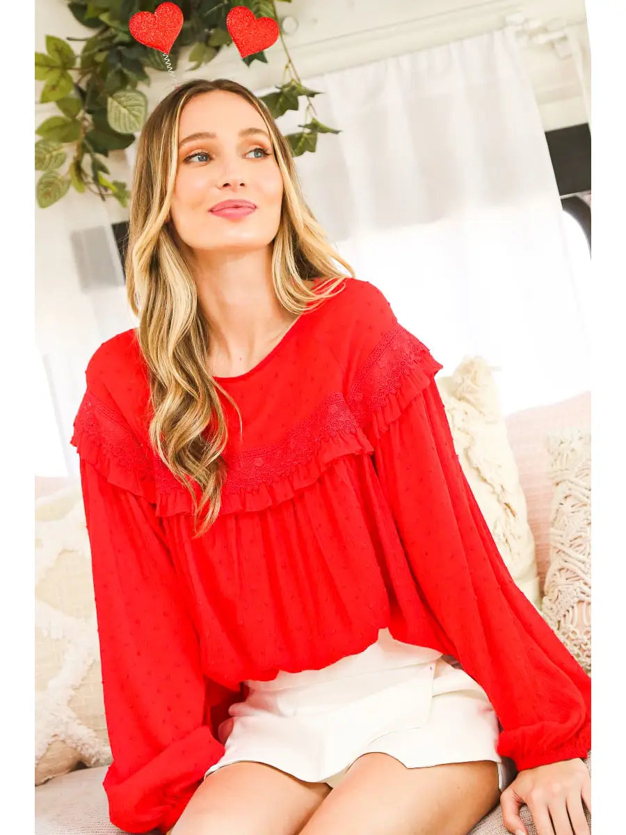 Red Swiss dot lace-up blouse with ruffle trim yoke and long balloon sleeves, romantic boho-luxe style — Spirit & Wind Boutique