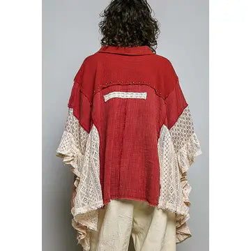 Crochet Lace Ruffle Gauze Shirt in Red – back view showing red gauze panel with cream crochet lace trim strip, open lace side panels, and cascading ruffle hem