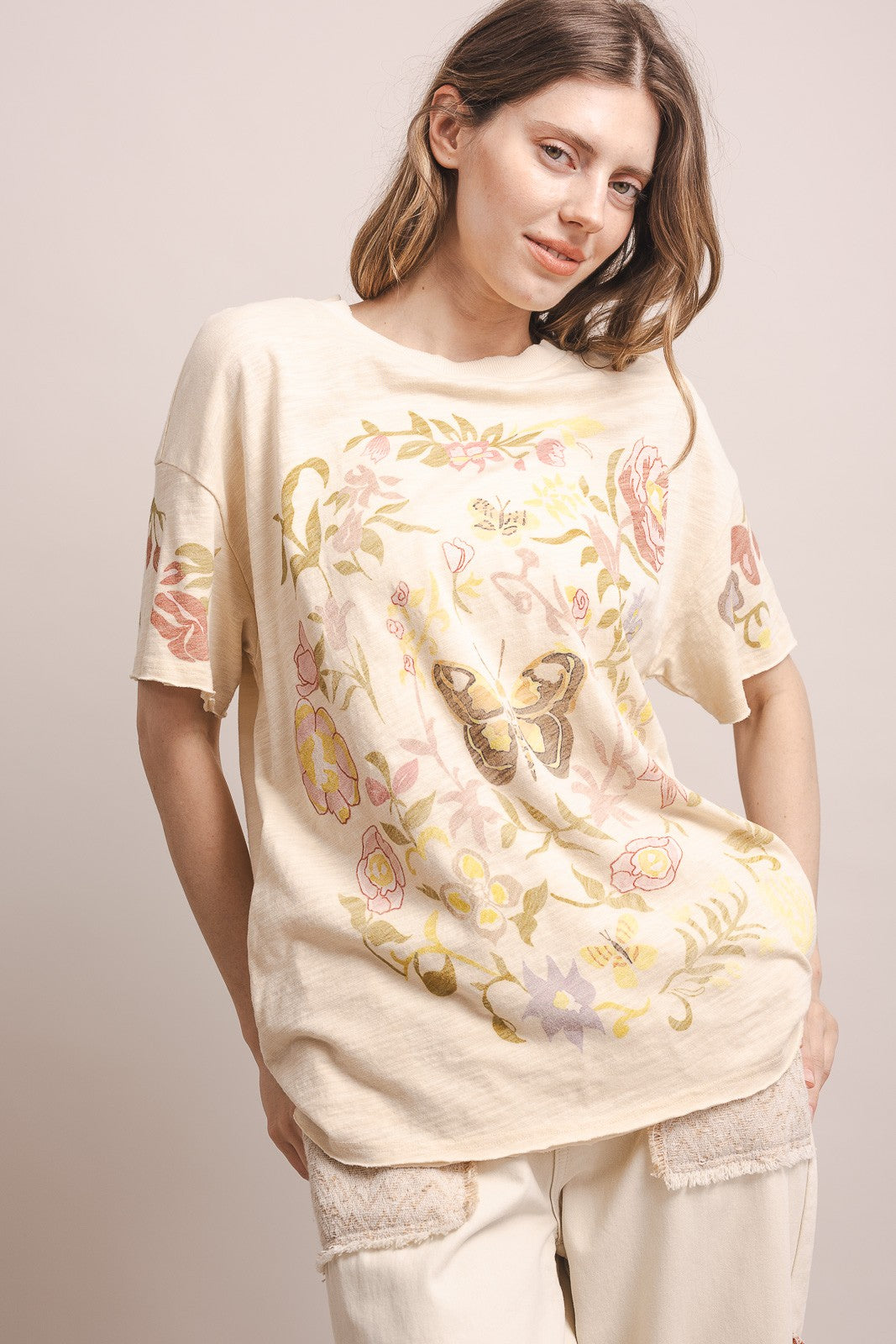 Tan Butterfly In Garden Print Top