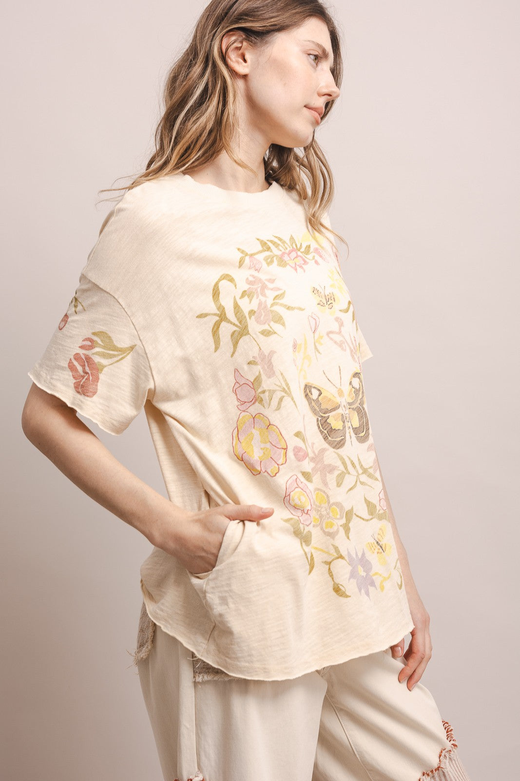 Tan Butterfly In Garden Print Top