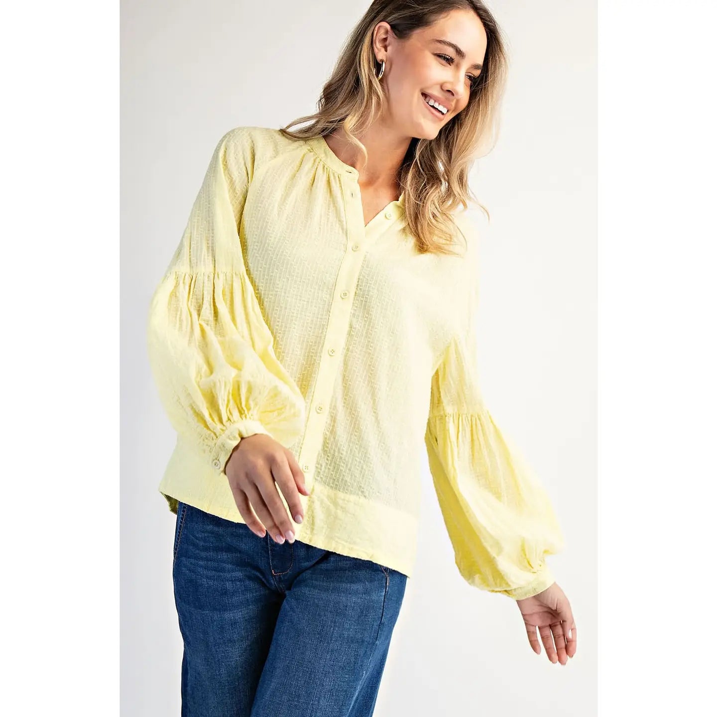The Gracelyn Balloon Sleeve Top in Lemon — front view, voluminous balloon sleeves with shirring and hidden placket, boho-luxe organic cotton blouse by Cotierra