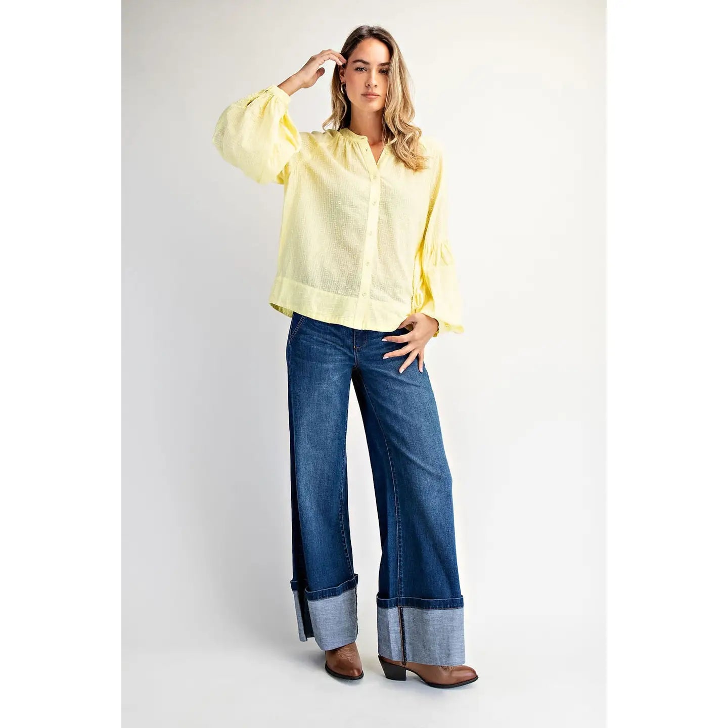 The Gracelyn Balloon Sleeve Top in Lemon — alternate view showing voluminous shirred balloon sleeves and relaxed boho silhouette"
