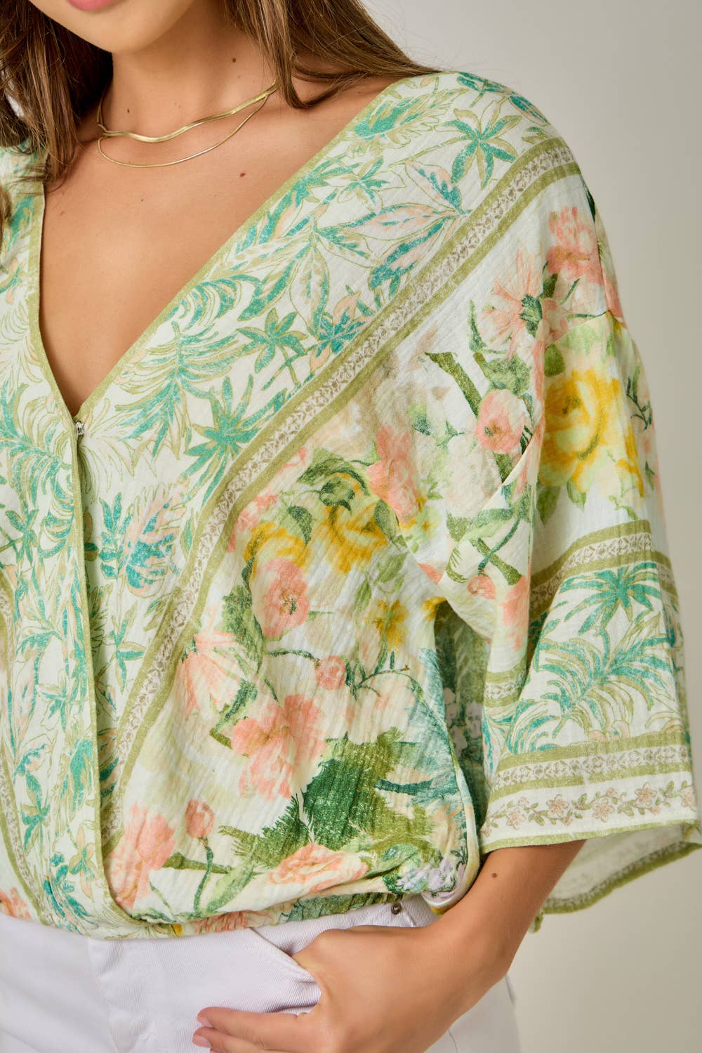 Floral patterned kimono-style top close up