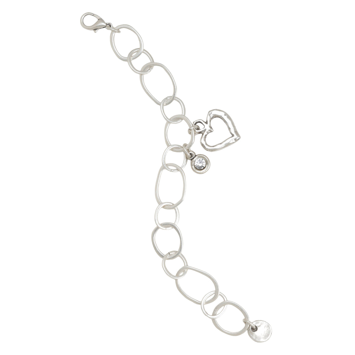 A silver link chain bracelet featuring a heart-shaped charm, a small round clear stone charm, and a flat disc charm, displayed on a solid white background.