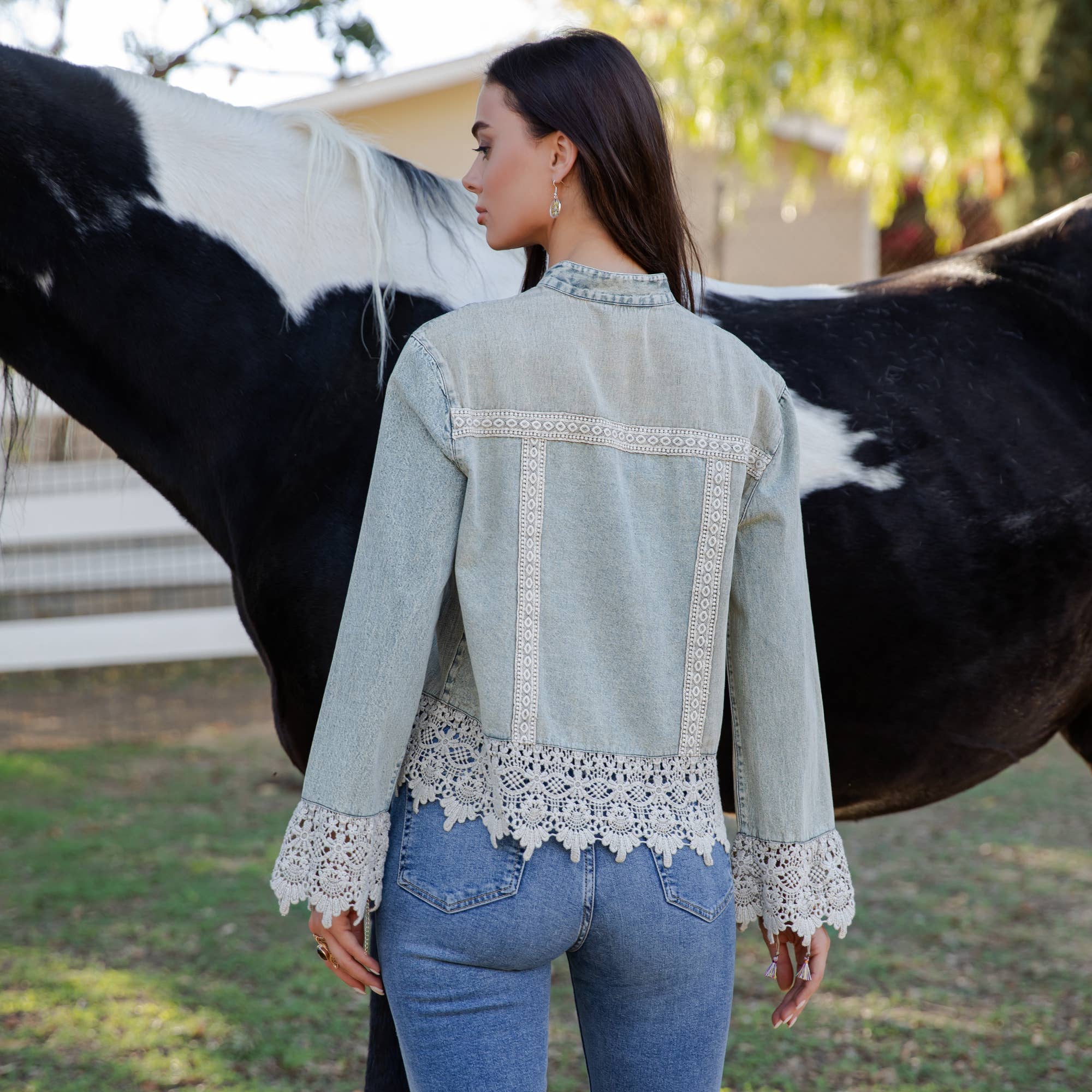 The Havannah Lace Trim Denim Top - back view of button-down denim top with lace details