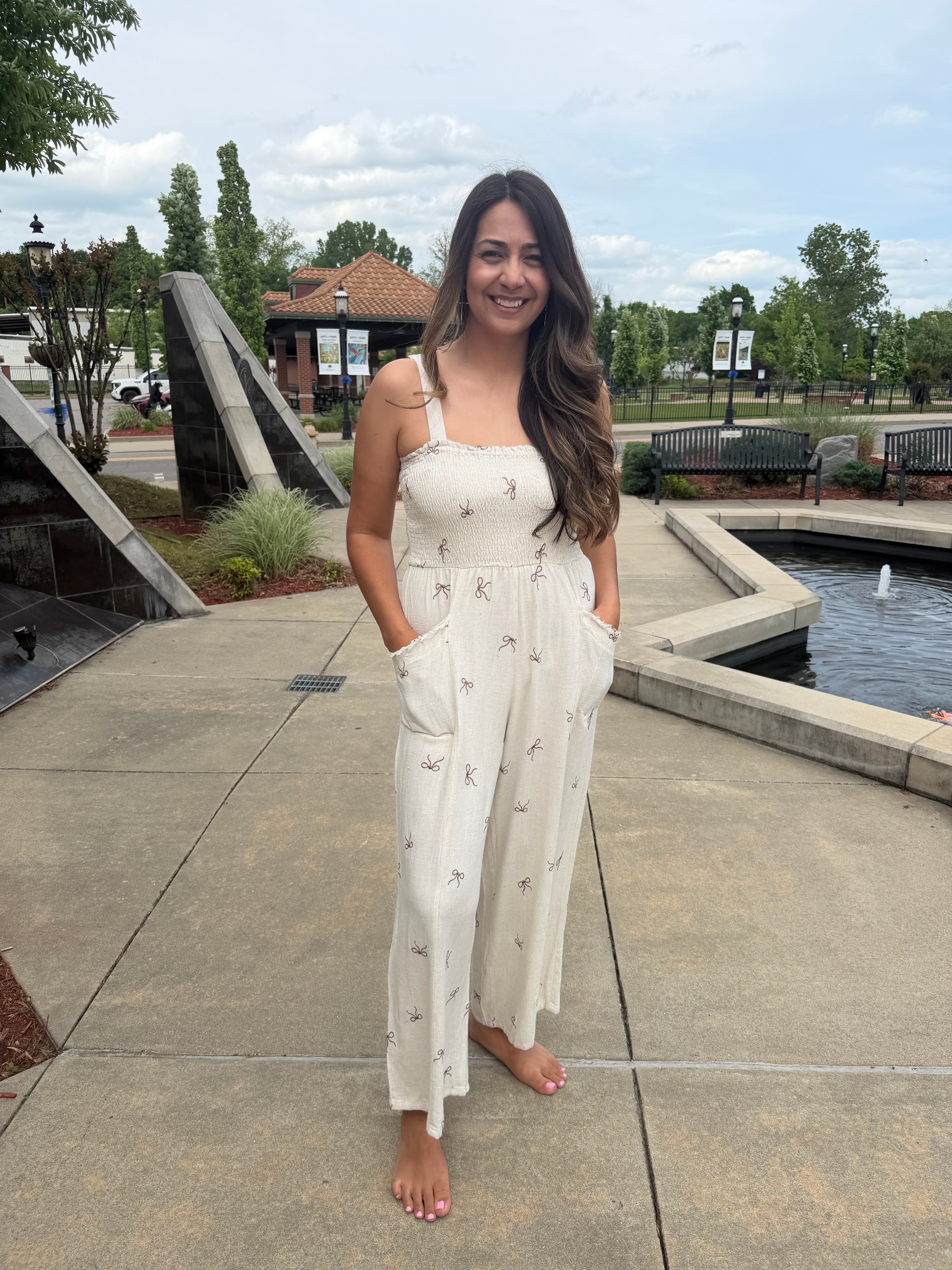 Cream Bow Smocked Linen Jumpsuit