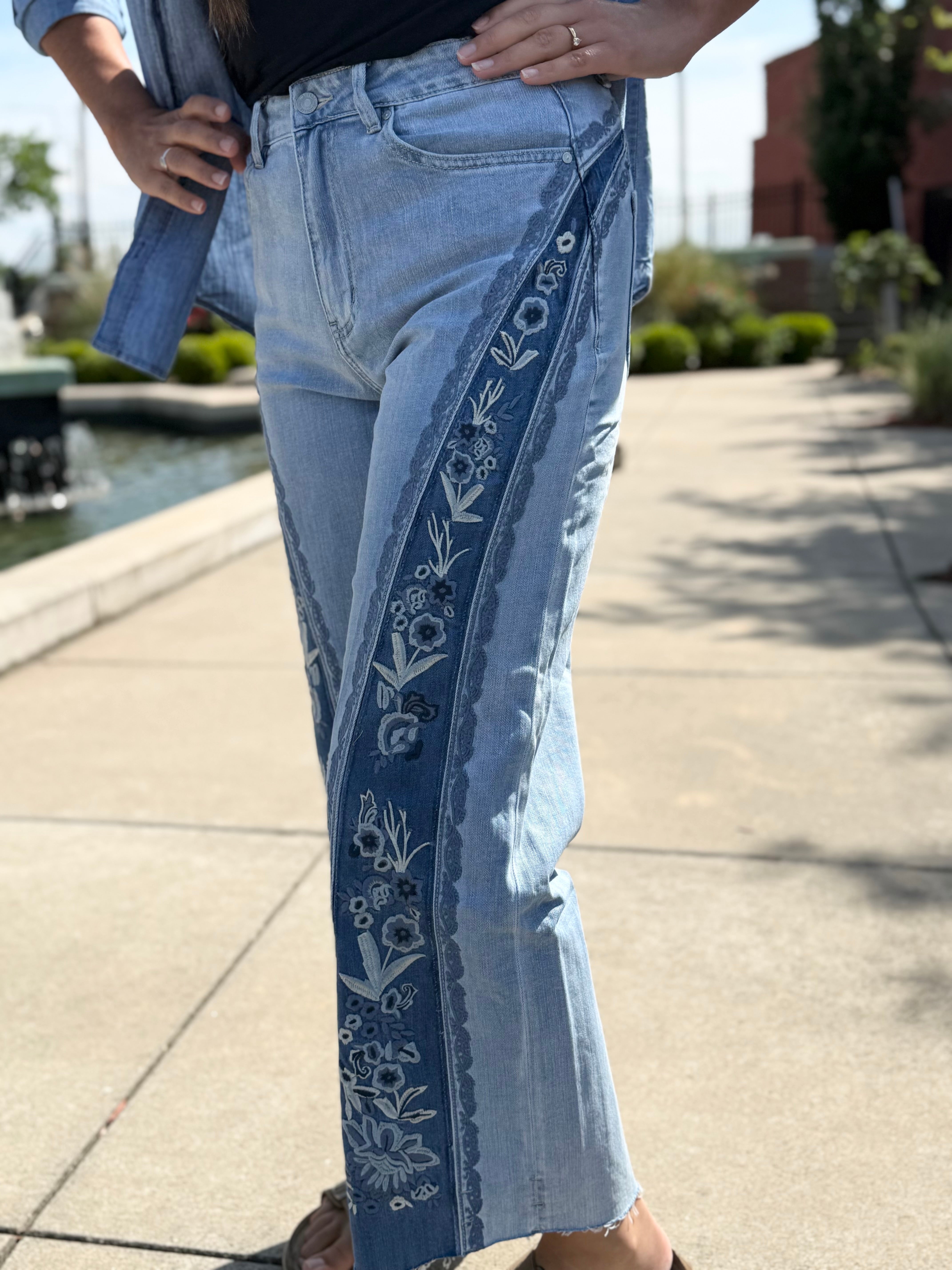 Erika Embroidered Patchwork Jean – high-rise wide-leg embroidered denim, side view, Spirit & Wind Boutique

