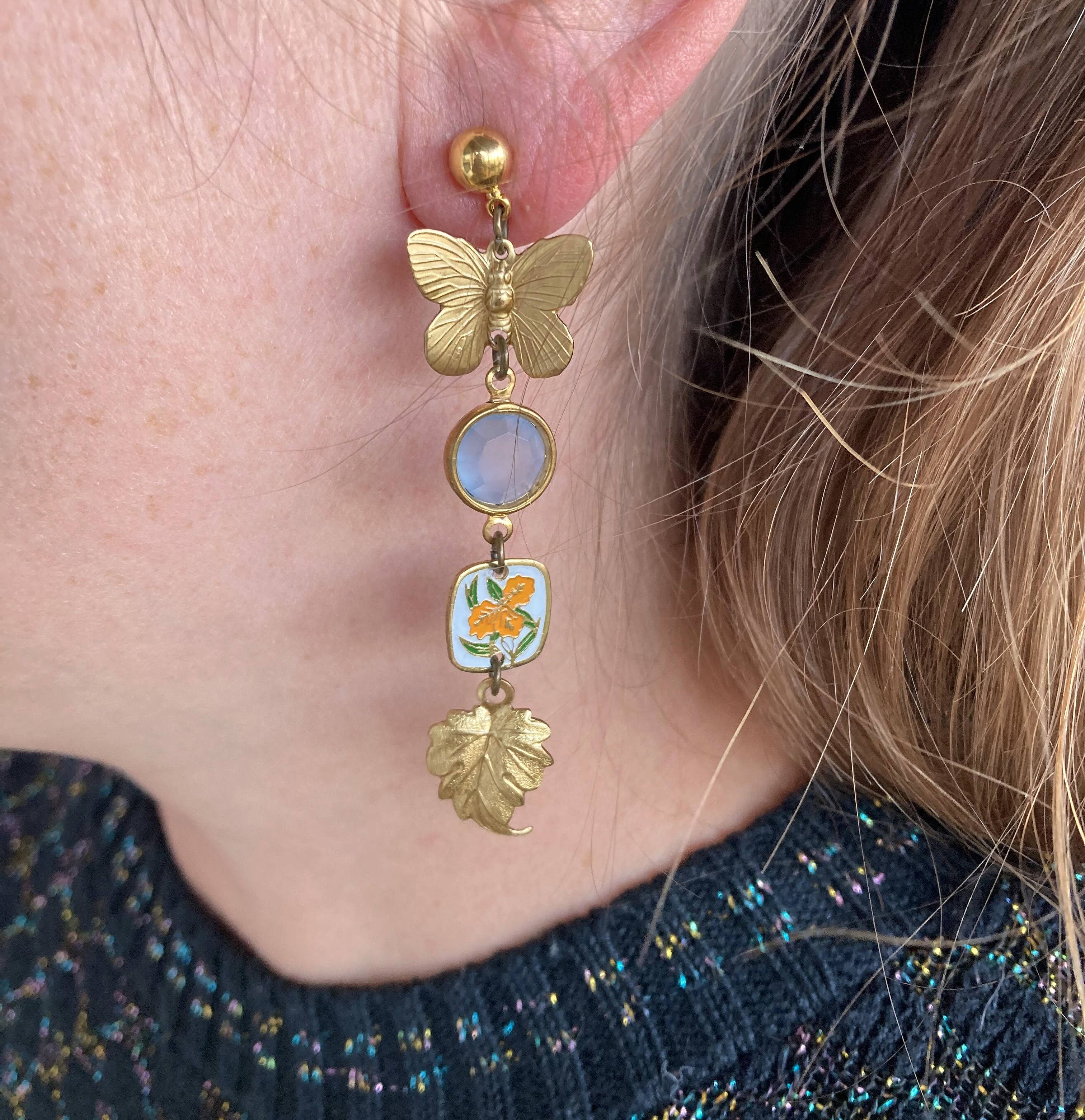 Nature Study Brass & Crystal Charm Earrings