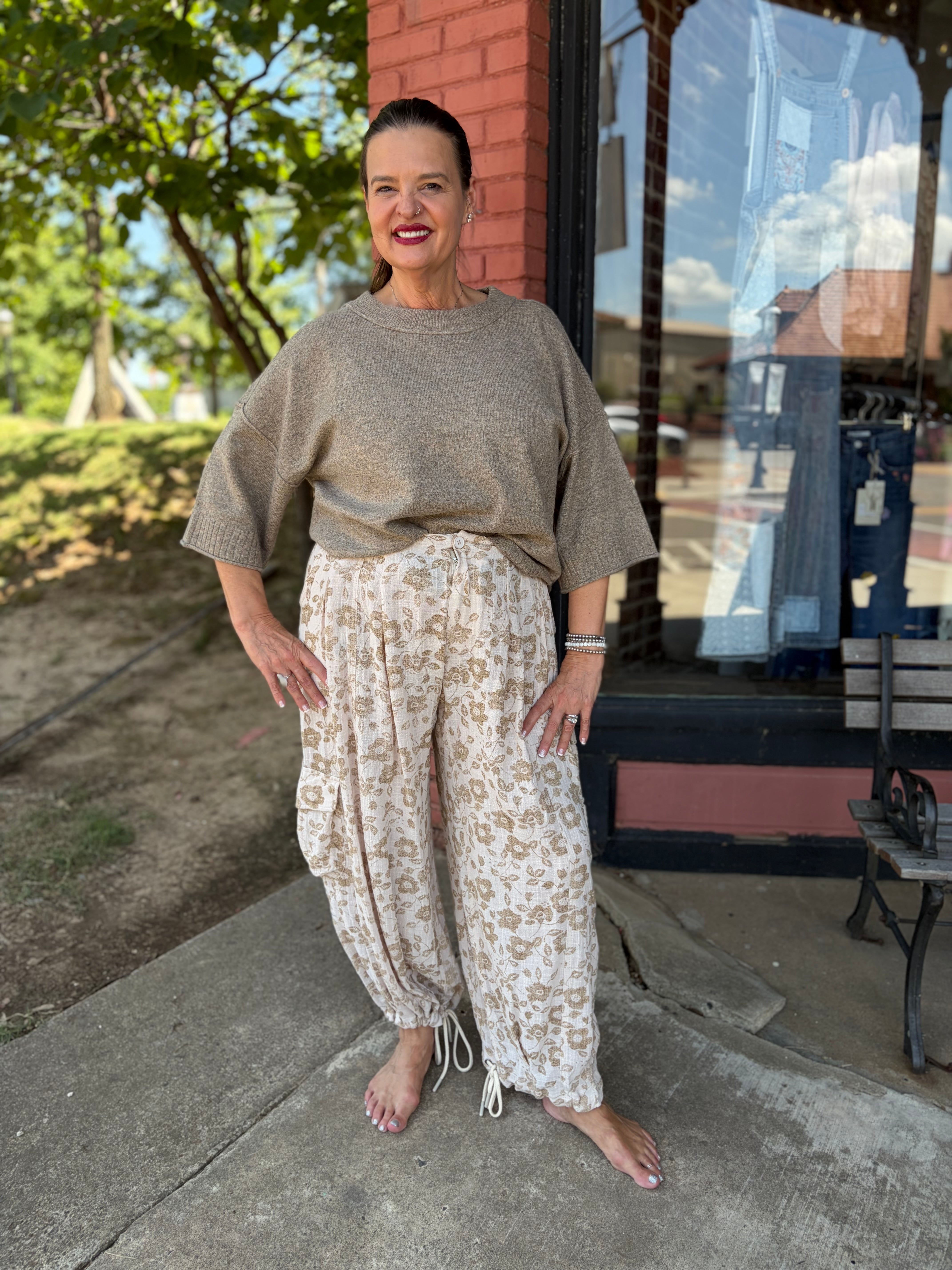 Floral utility cargo pants front view 