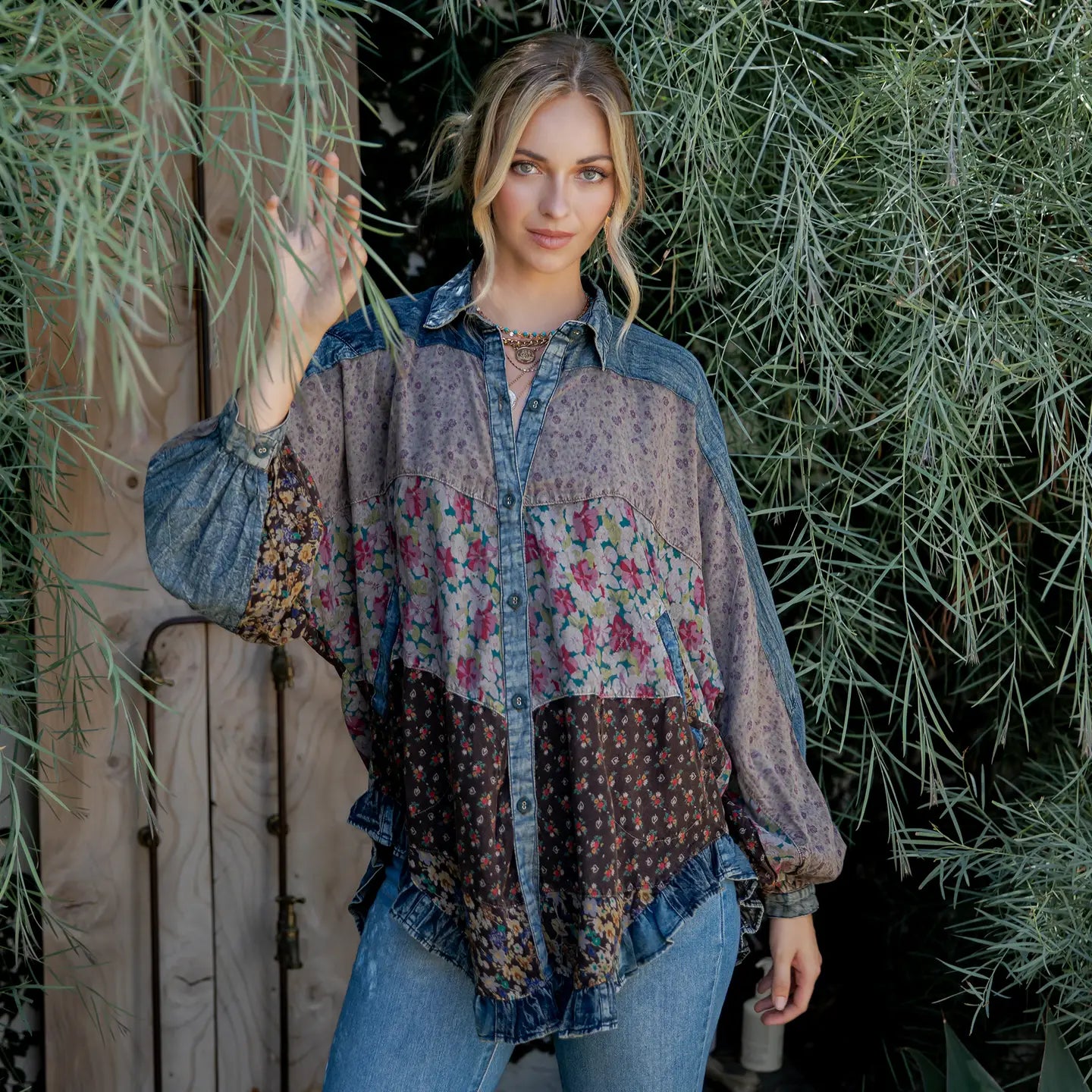 Front detail, denim collar/yoke, mixed floral chiffon patchwork, balloon sleeves + ruffled hem