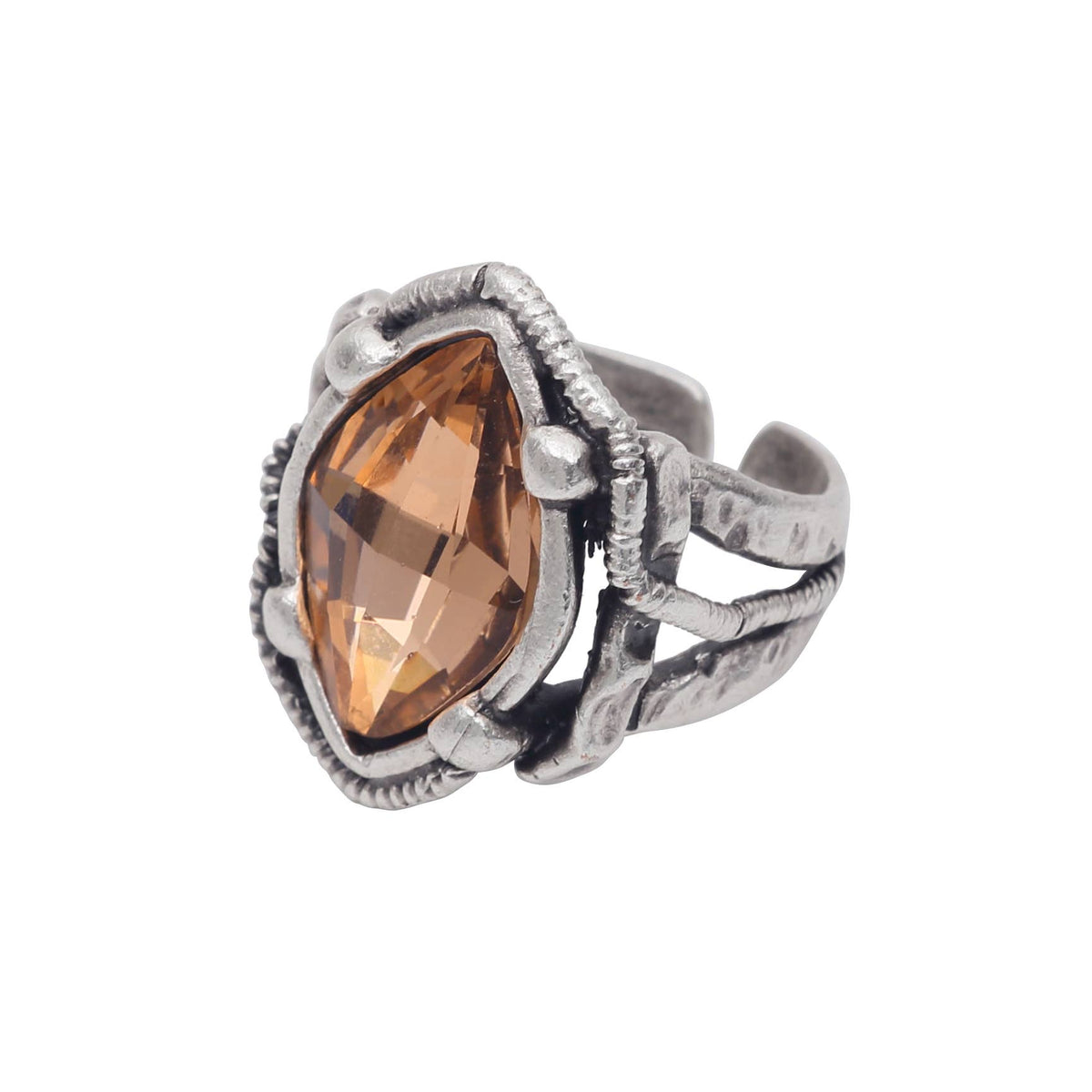 Silver ring with a large brown gemstone on a white background