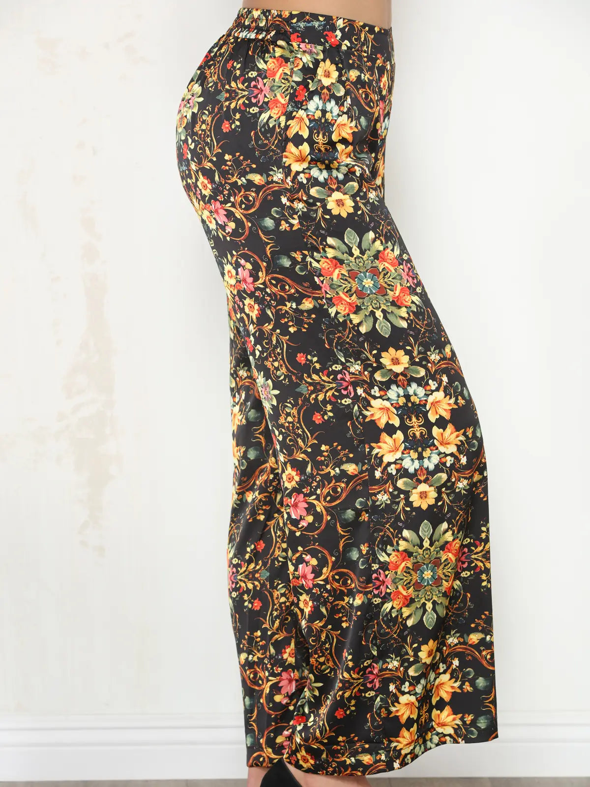 Satin Vintage Floral Wide Leg Pant