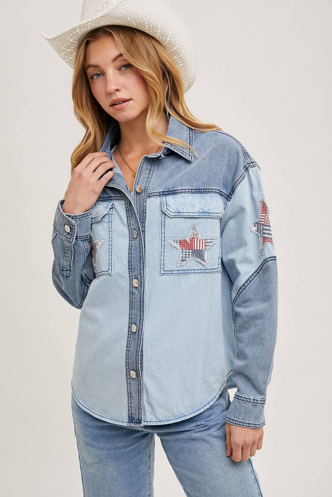 Two-tone denim button-down jacket featuring patriotic star appliqués on pocket and sleeve