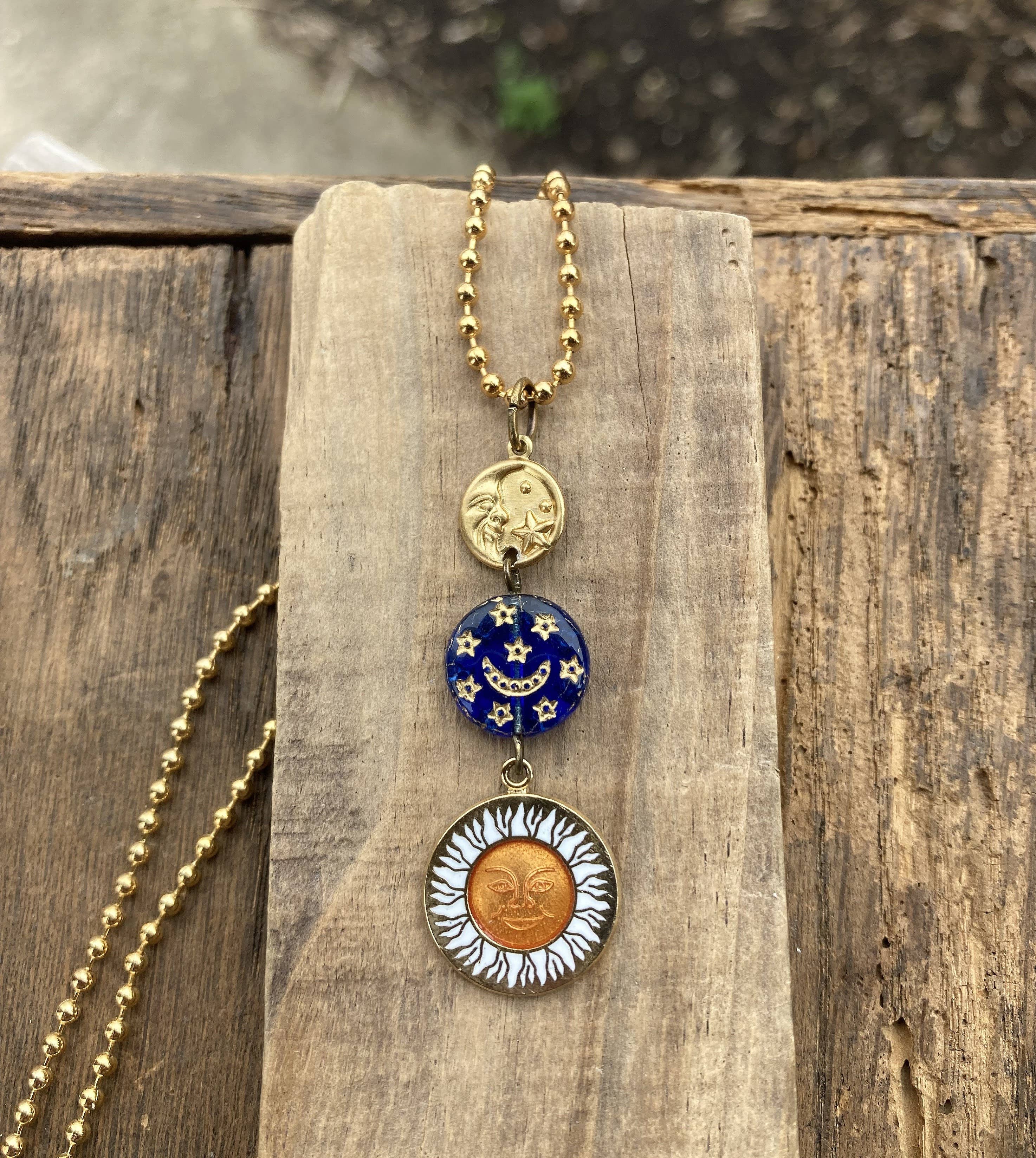 Enamel Sun & Crescent Moon Lariat Necklace
