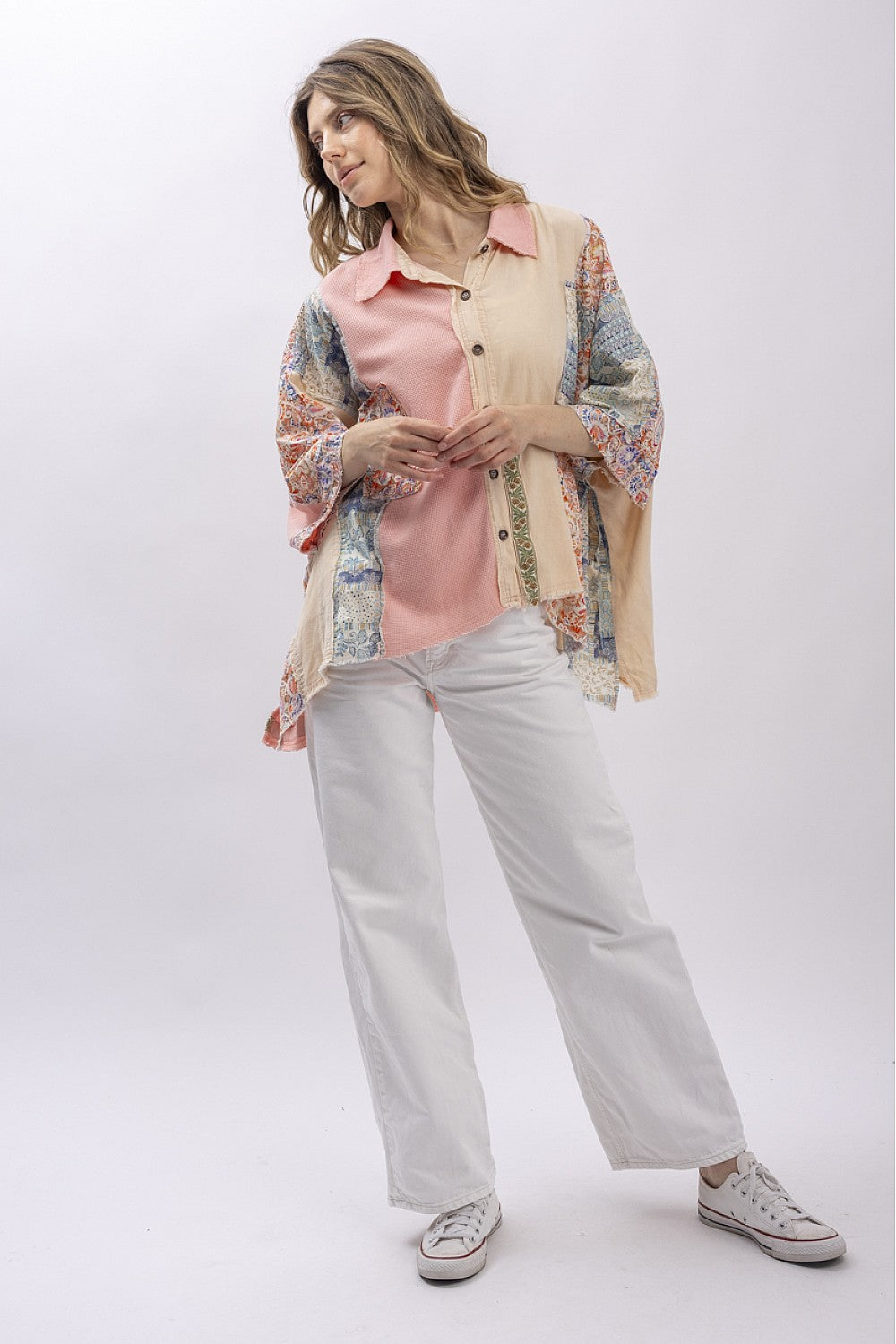 The Patchwork Garden Shirt side view showing oversized relaxed fit and three-quarter sleeves