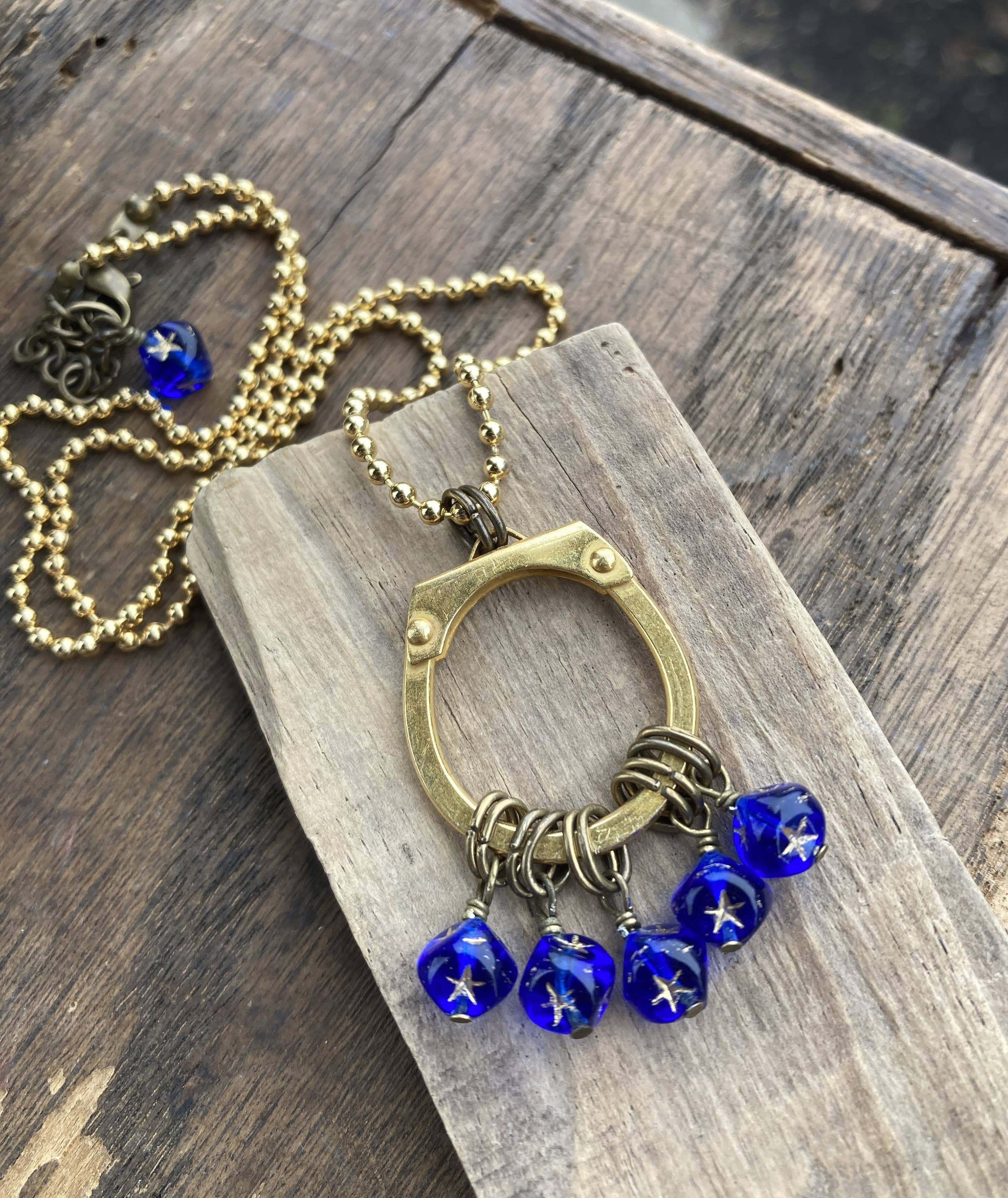 Cobalt & Gold Stars Glass Beaded Pendant Necklace