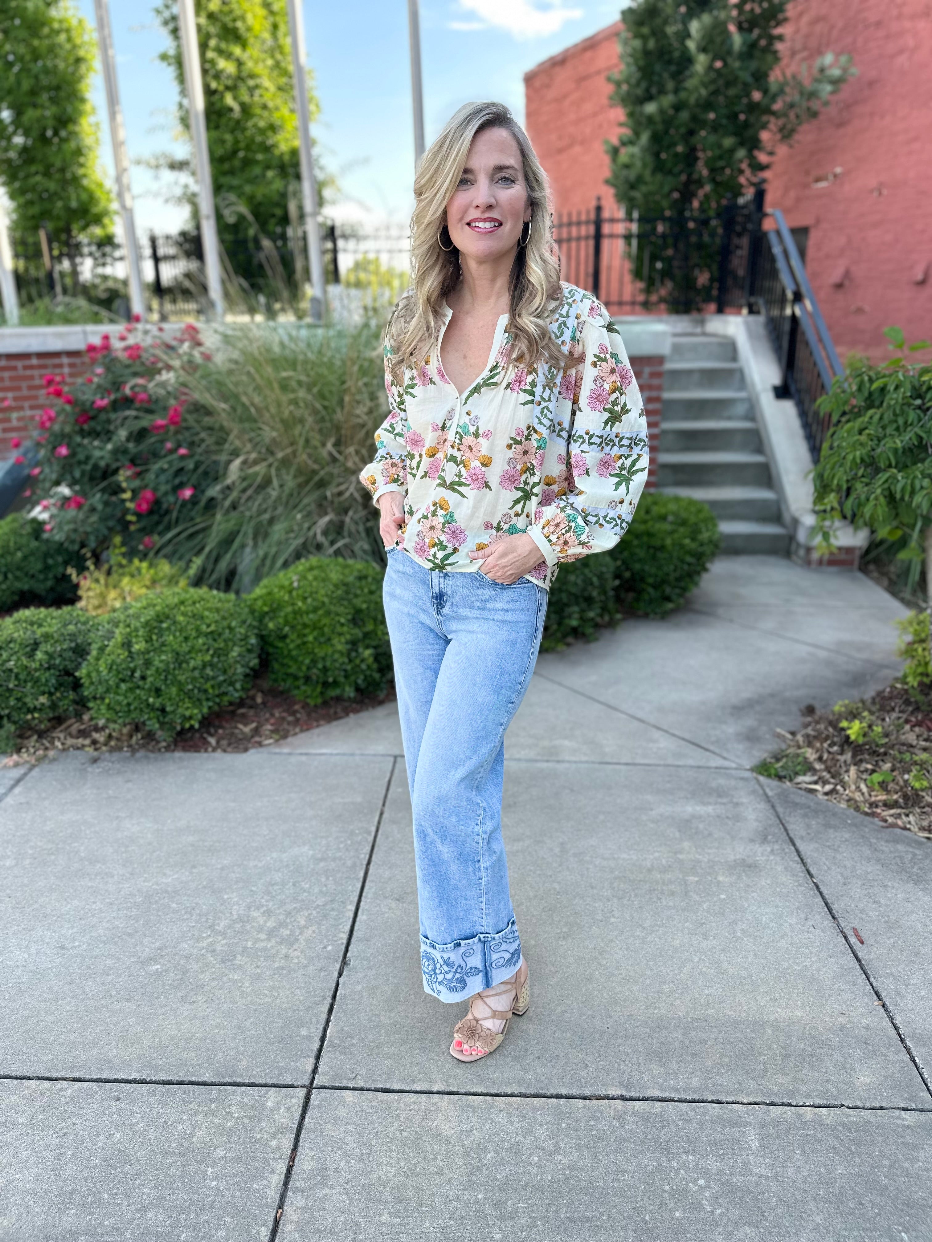 Morning Garden Pin-Tuck Blouse – botanical floral print, split V-neckline, front view