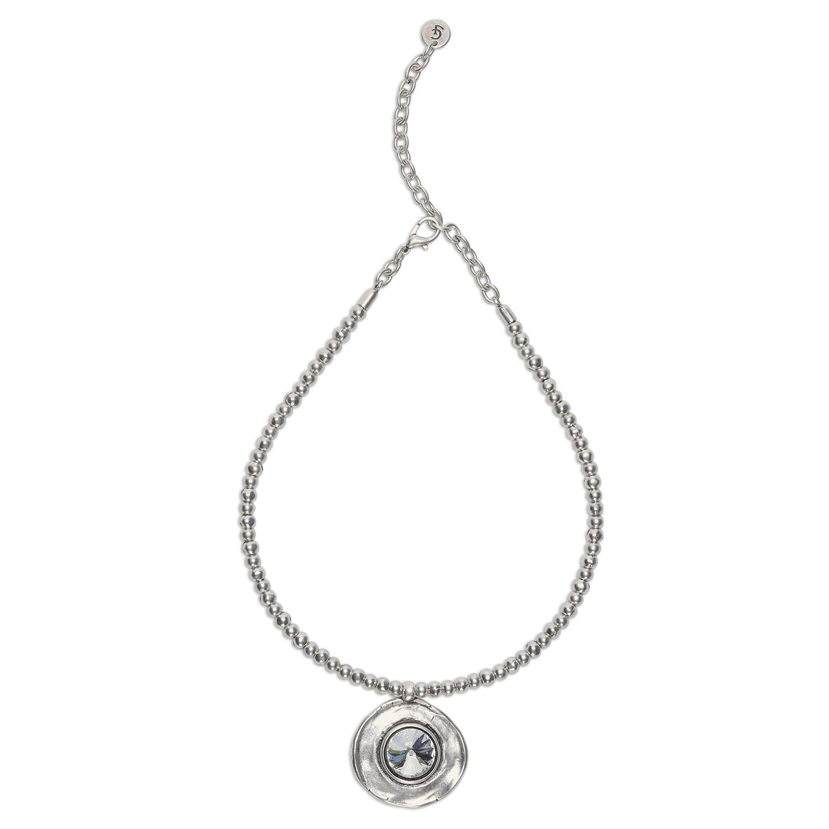 A silver-toned chain necklace with a round pendant featuring a central iridescent blue gemstone, displayed on a clean white background.