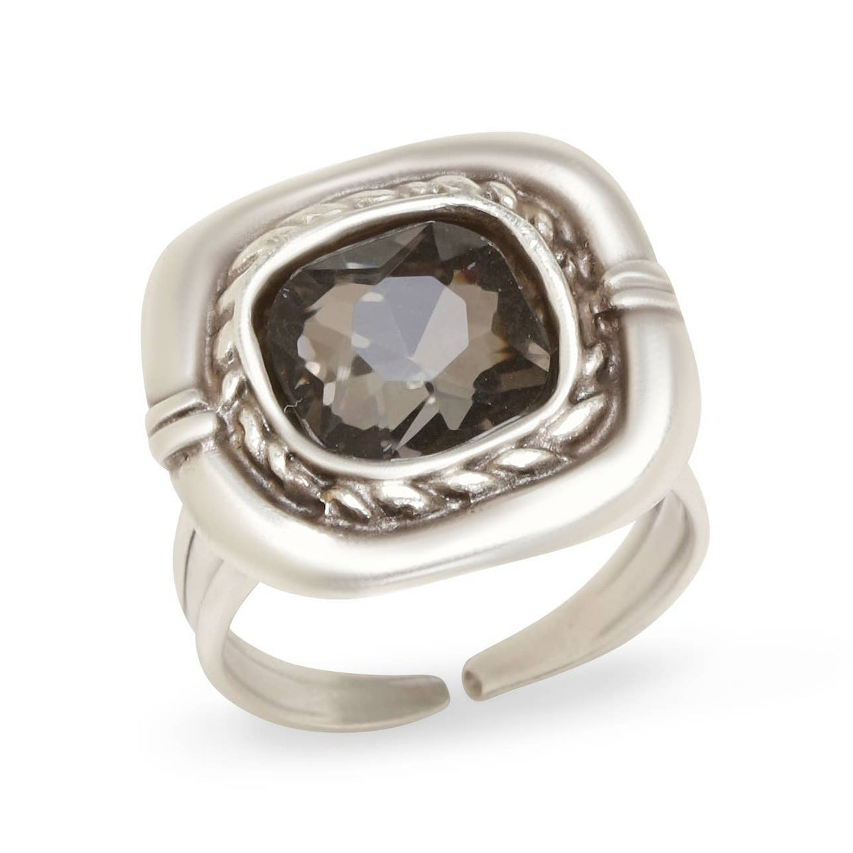 A silver-toned adjustable ring featuring a large, cushion-cut dark brown smoky gemstone in a decorative bezel setting with twisted rope details on the sides, shown on a plain white background.