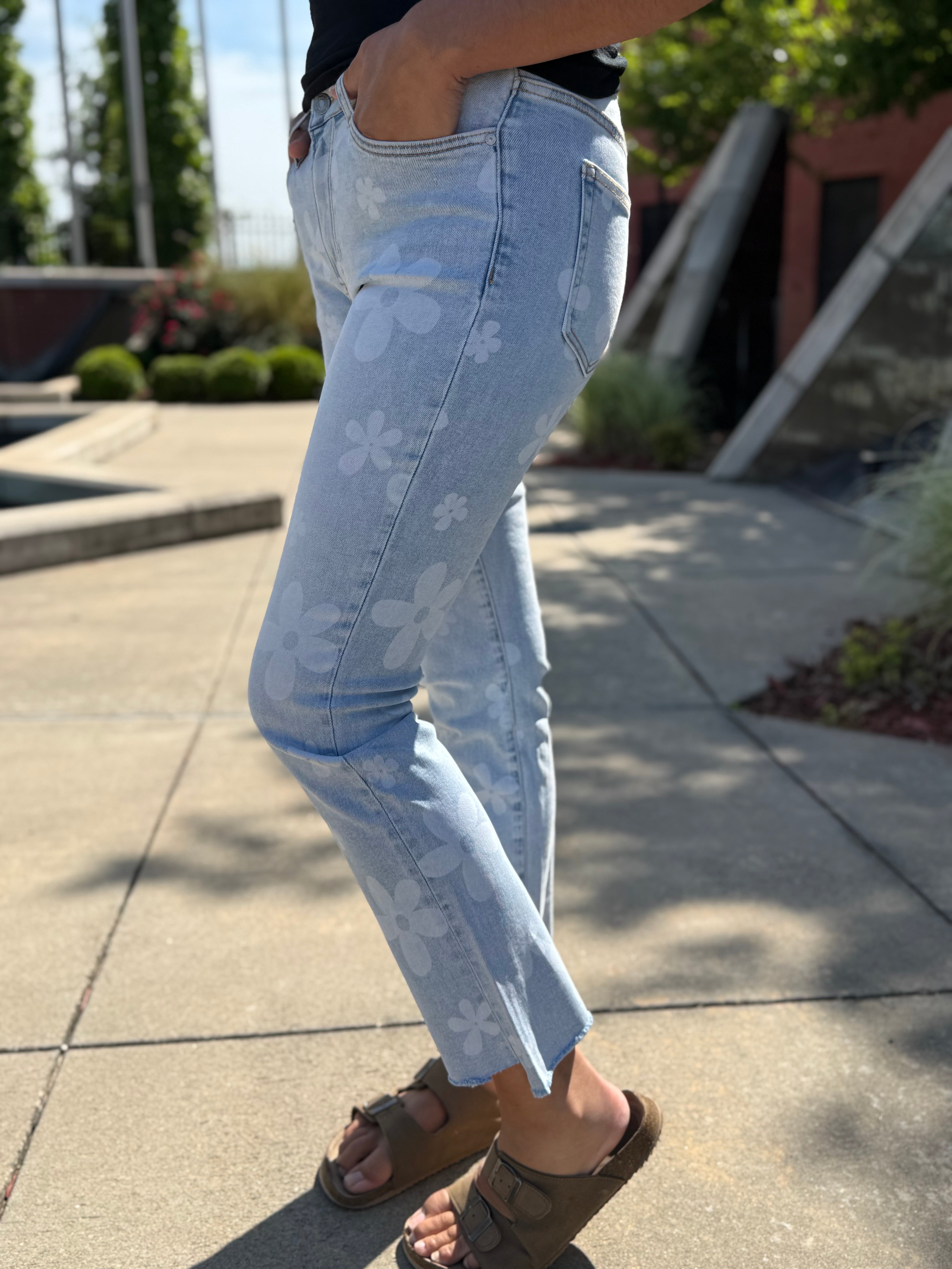 Side View of Dazi Flower Power Mid Rise Straight Jean – light blue wash, floral detail, front view, Spirit & Wind Boutique

