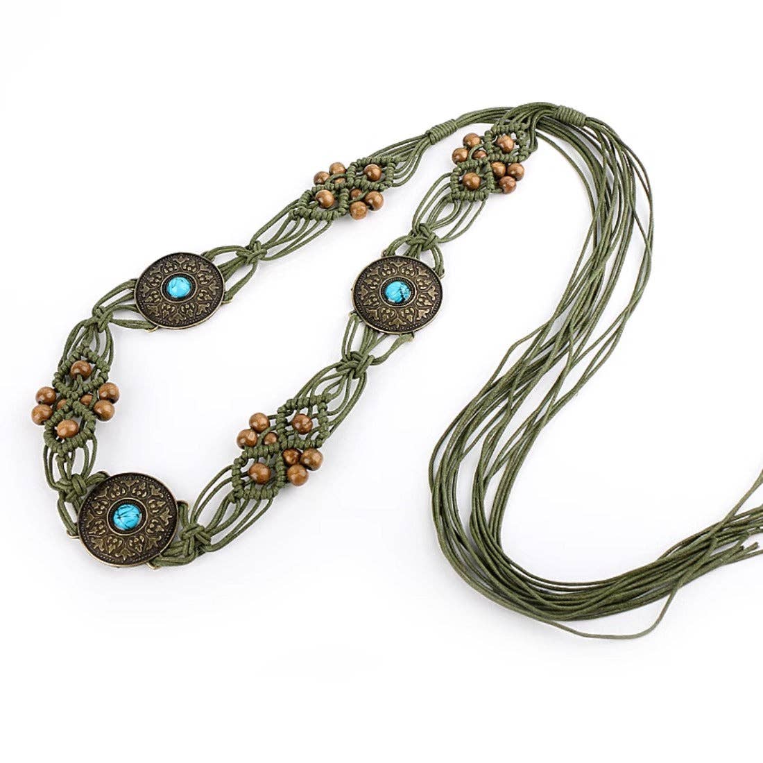 Olive braided cord sash belt with turquoise stone medallions and bow-tied tassels