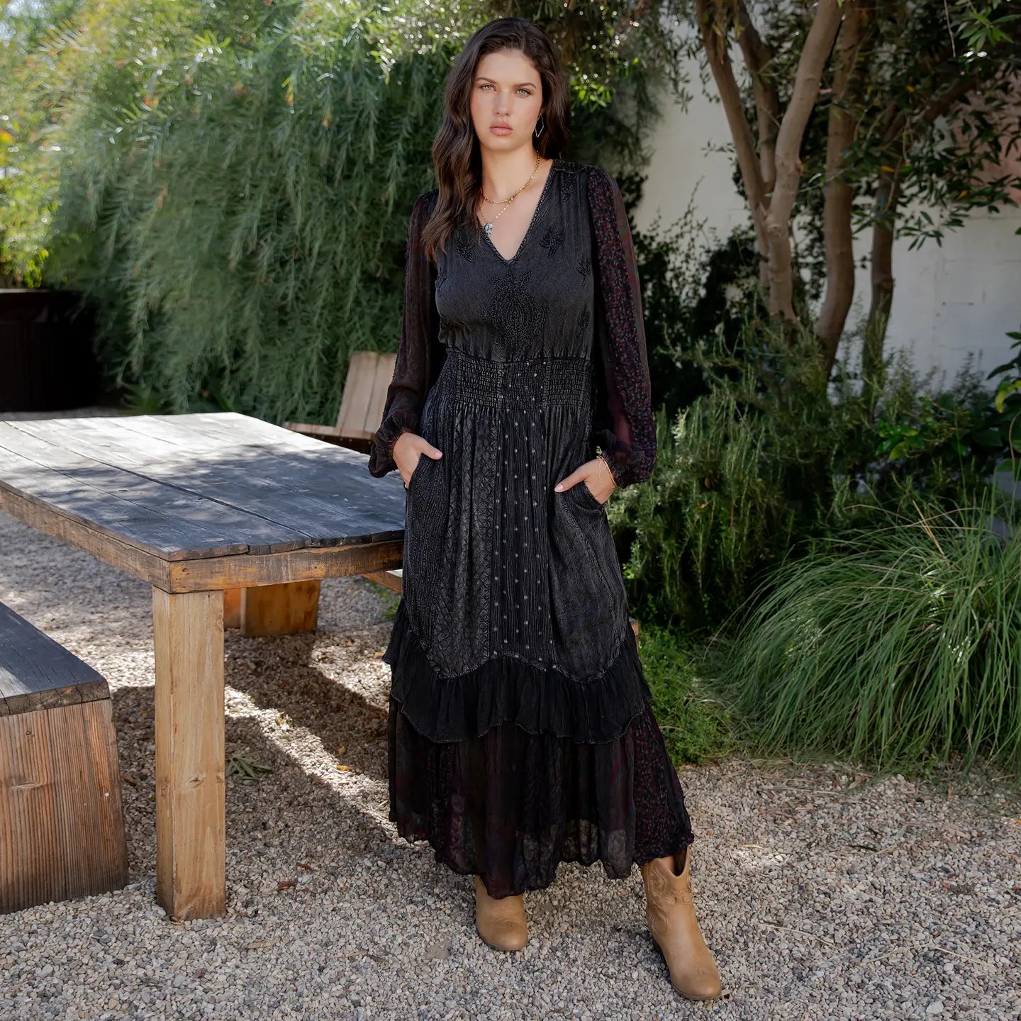 Deep Charcoal Boho Embroidered Maxi Dress - front view