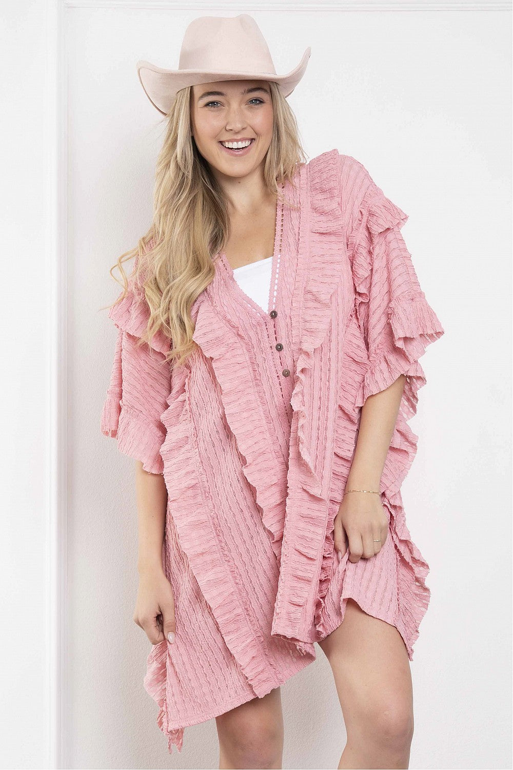 The Layla Ruffle Poncho Cardigan in pink - close-up of ruffle collar and deep V-neckline detail