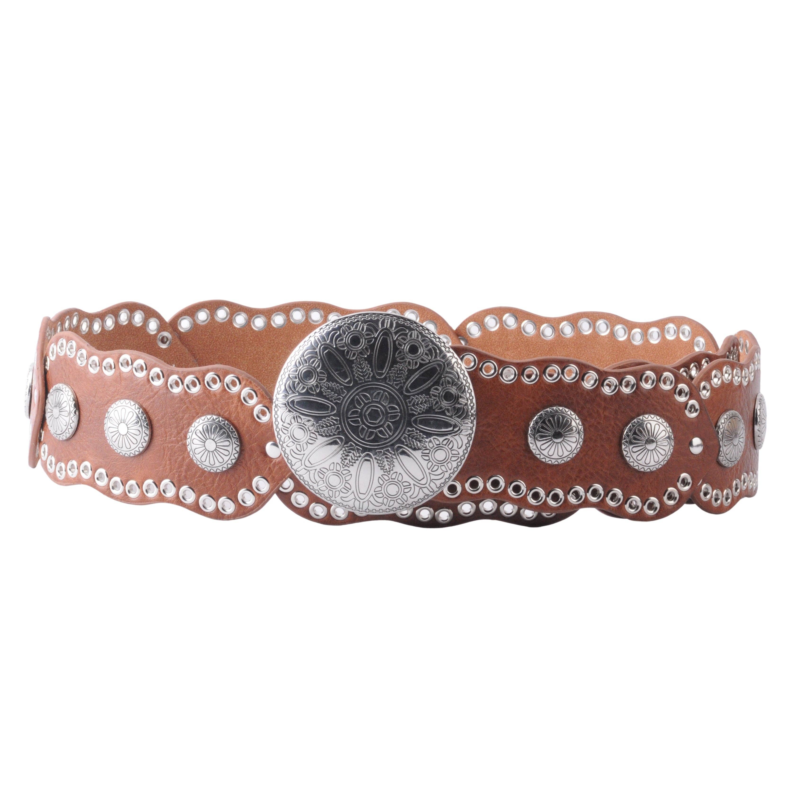 Brown leather belt with silver concho and studs on a white background